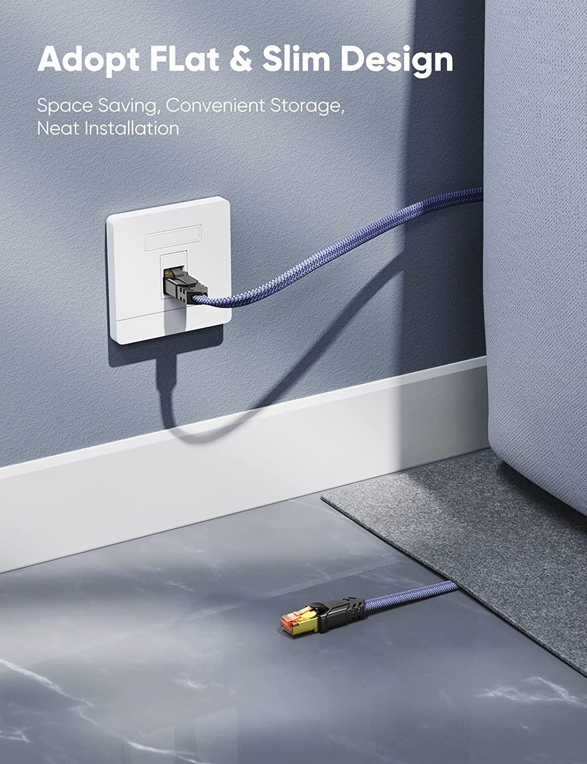 Snowkids Cat 8 Ethernet Cable 30 Ft, Flat High Speed 30 Ft Ethernet Cable, 40Gbps, 2000Mhz Braided High Duty Long Ethernet Cable