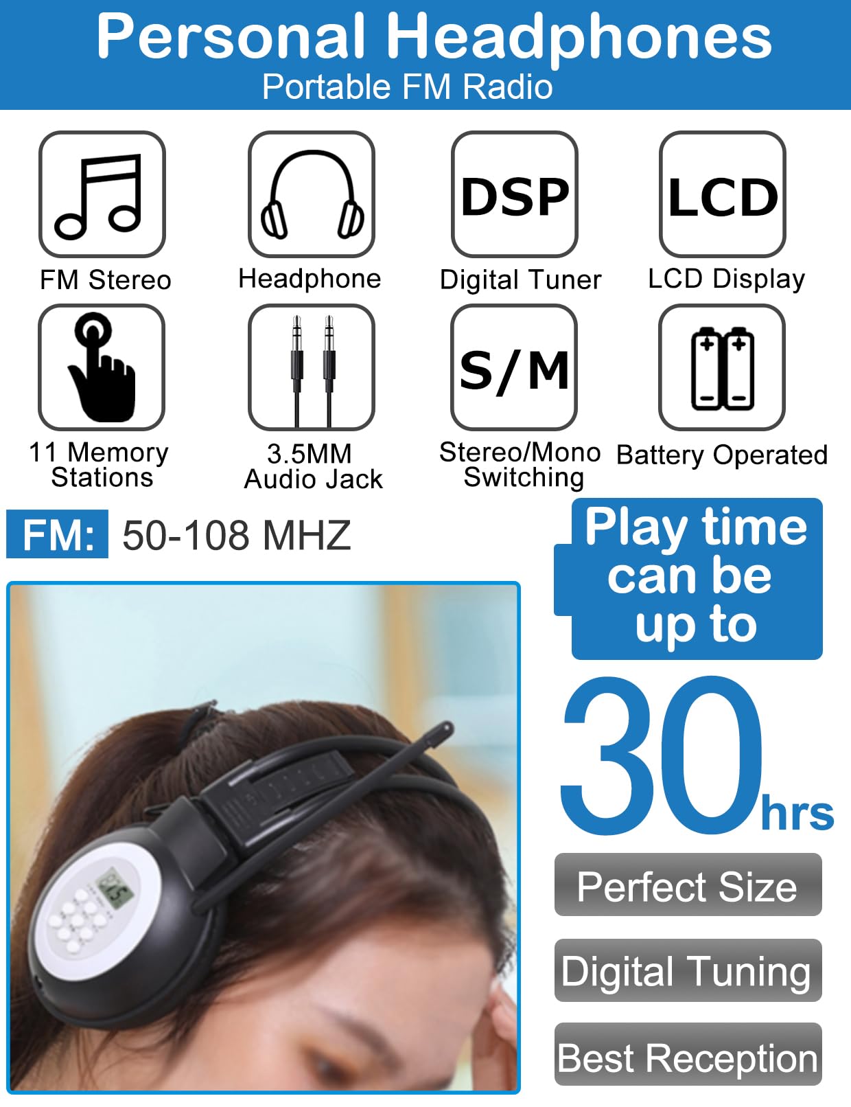 Zhiwhis Fm Portable Radio, Stereo Headsetwith Lcd,Over Ear Foldable, Pocket Walkmen Conference Receiver, Small Wireless/Wired He