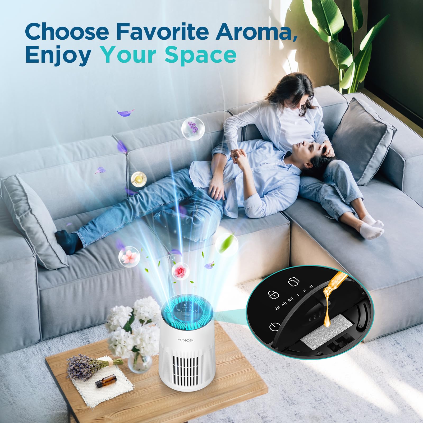 Air Purifiers For Home Large Room 1200Ft, Koios H13 True Hepa Air Purifier For Bedroom With 7 Colorful Lights, Aromatherapy, Des