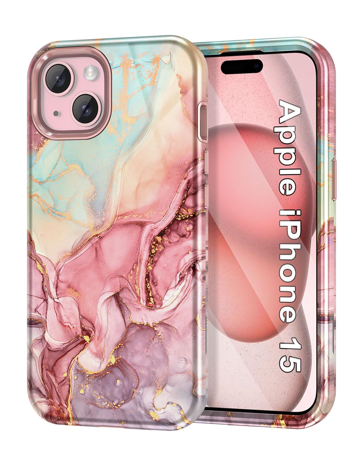 Btscase for iPhone 15 Case 6.1 inch (2023), Marble Pattern 3 in 1 Heavy Duty Shockproof Full Body Hard PC+Soft Silicone Drop Pro