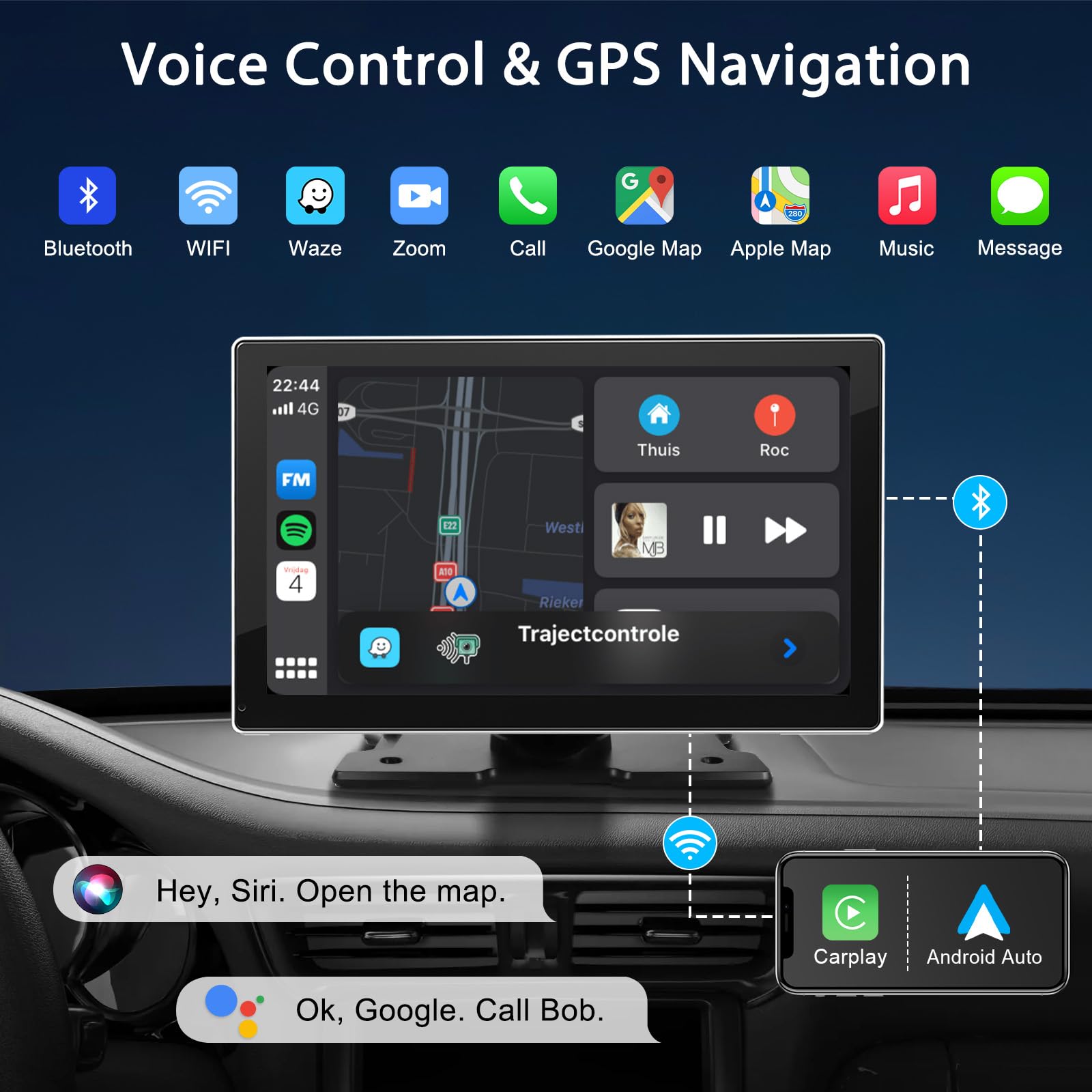 Wireless Carplay Screen For Car   9'' Portable Car Stereo With 1080P Backup Camera, Car Overhead Video Players With A Pple Carpl