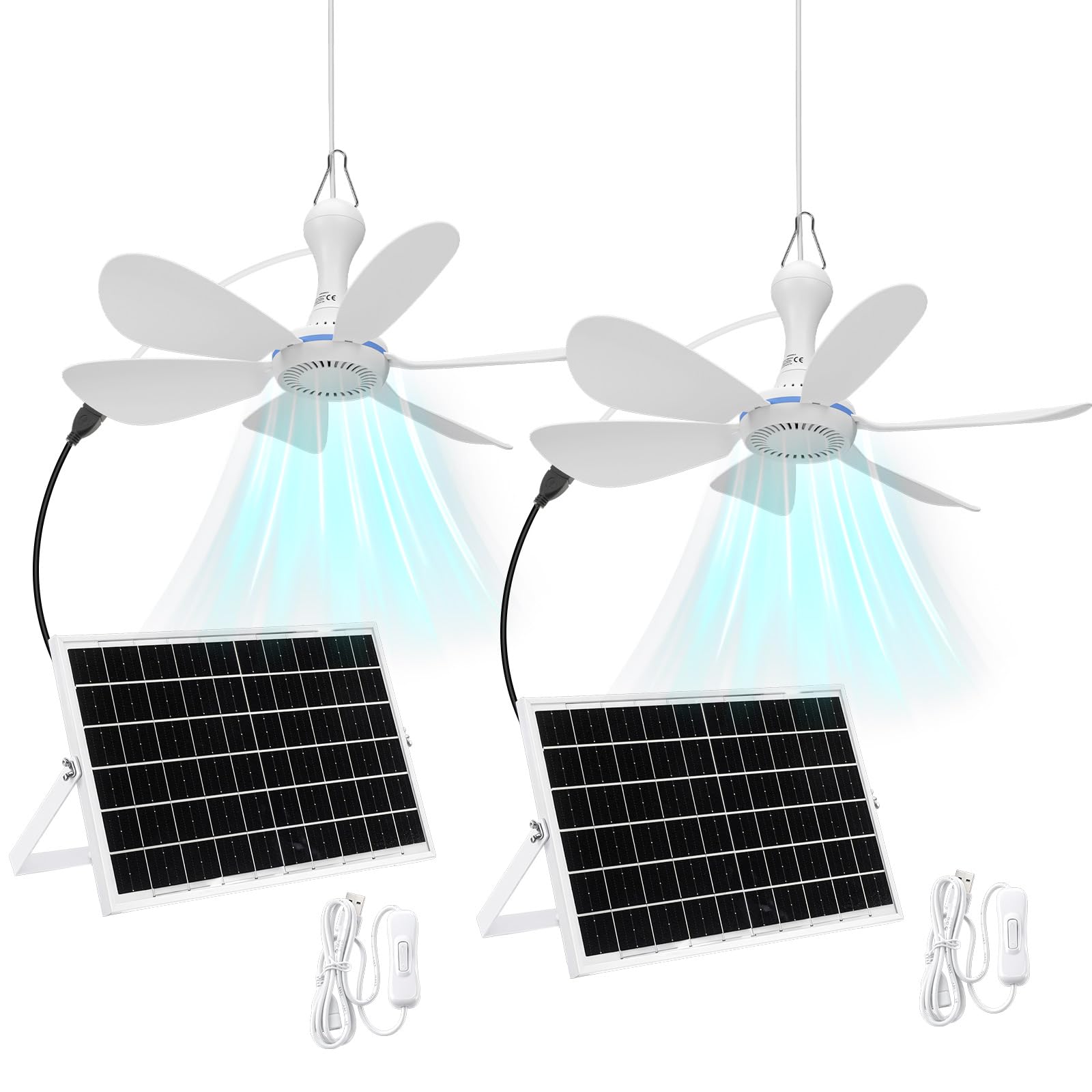 Tujoe 2 Set Solar Powered Ceiling Fan Kit for Outdoor,Portable 15W Solar Panel Powered USB Small Hanging Fan,Dual Charging Modes