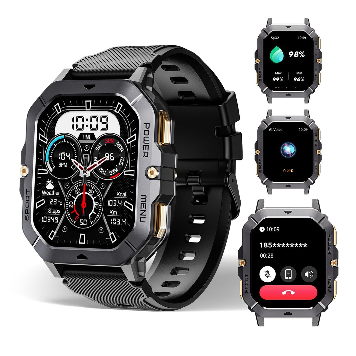 Smart Watch Bt101 Waterproof Military Watch 2.03    Hd Touchscreen, Sport Fitness Activity Tracker Blood Pressure Blood Oxygen H