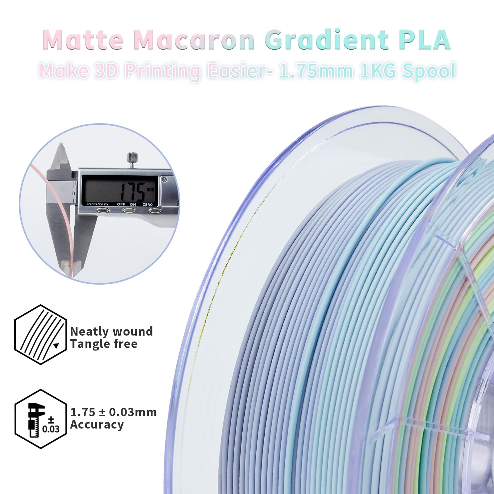 Ziro 3D Printer Filament,Matte Pla Filament 1.75Mm,Multicolor Rainbow Pla Filament,1Kg/2.2Lb,Macaron