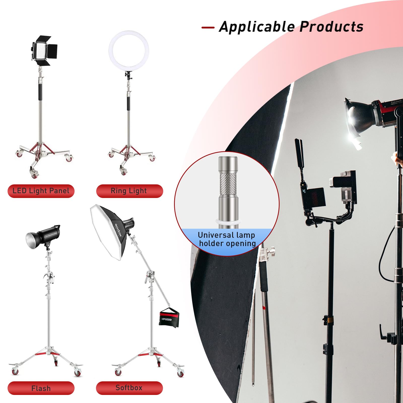 Lapgood Heavy Duty Light Stand With Casters, Adjustable Tripod Stand With 100% Stainless Steel, Photography Wheeled Base Stand F