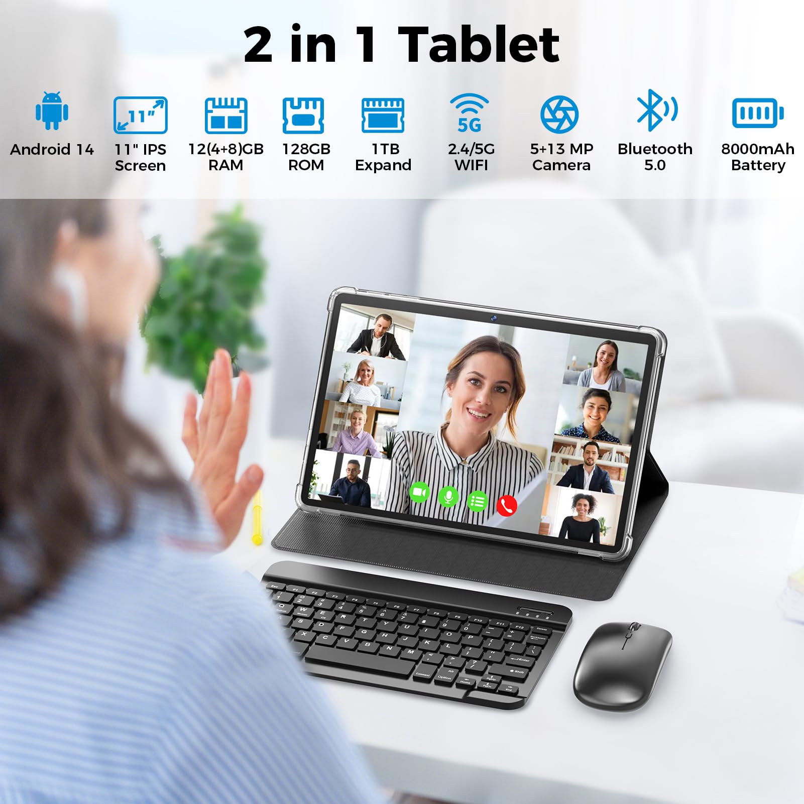 Android Tablet, 11 Inch Android 14 Tablet With Keyboard, 12Gb+128Gb, 1Tb Expand, 8000Mah, 5Mp+13Mp, 2.4G&5G Wifi, Ips Touch Scre