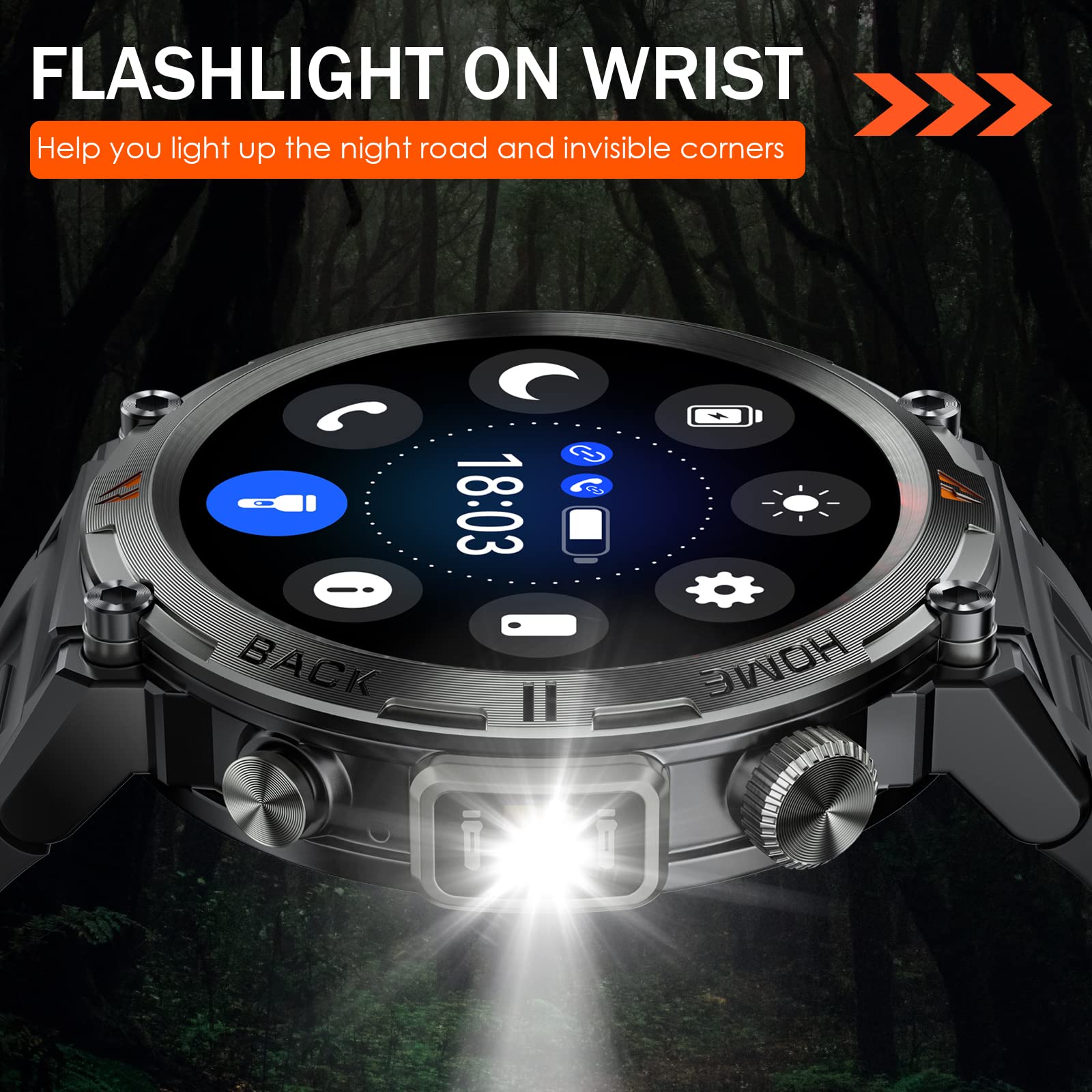 Military Smart Watch For Men With Led Flashlight 1.45    Rugged 3Atm Waterproof Smart Watch With 100+ Sports Modes Fitness Track