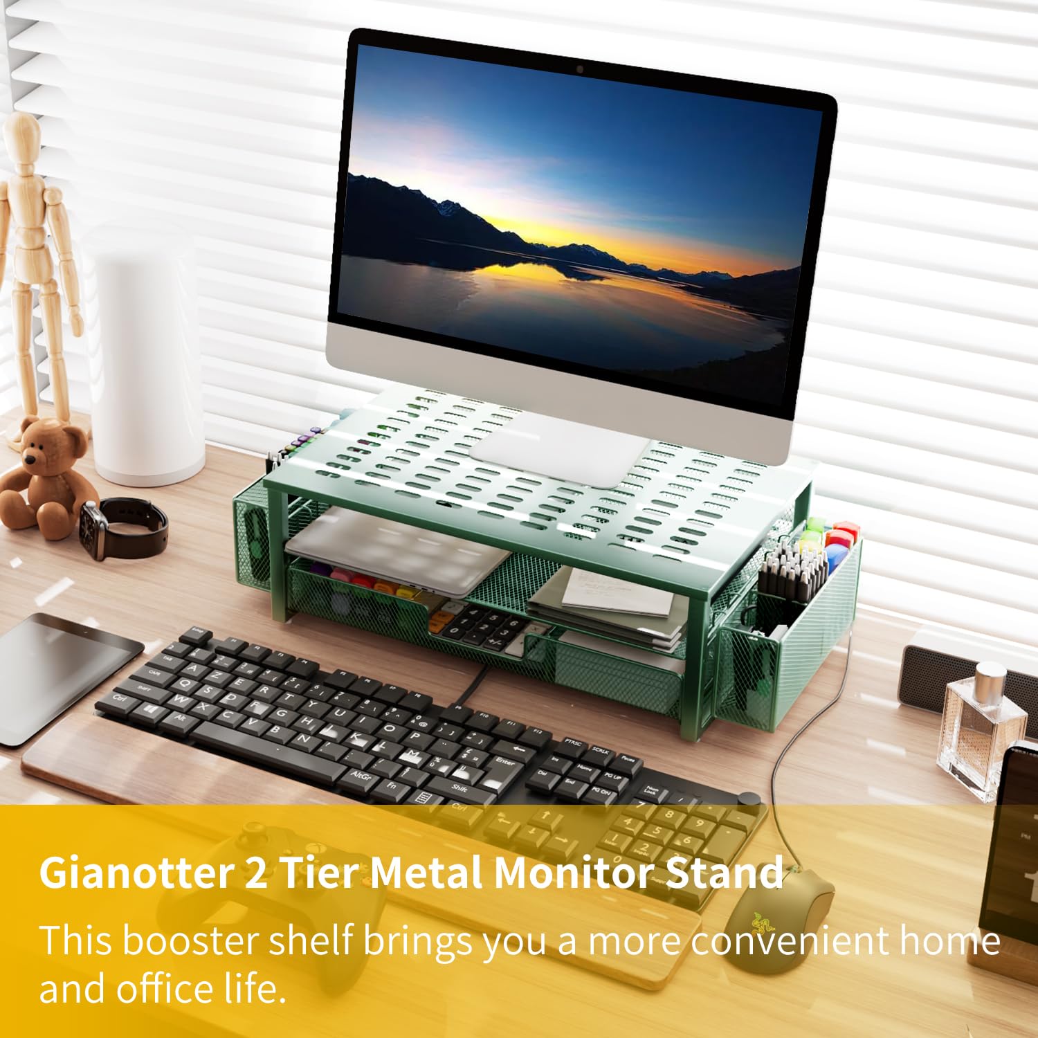 Gianotter Monitor Stand With Drawer And Pen Holder, Green Desk Accessories, 2 Tier Monitor Riser, Ideal For Office Supplies Desk