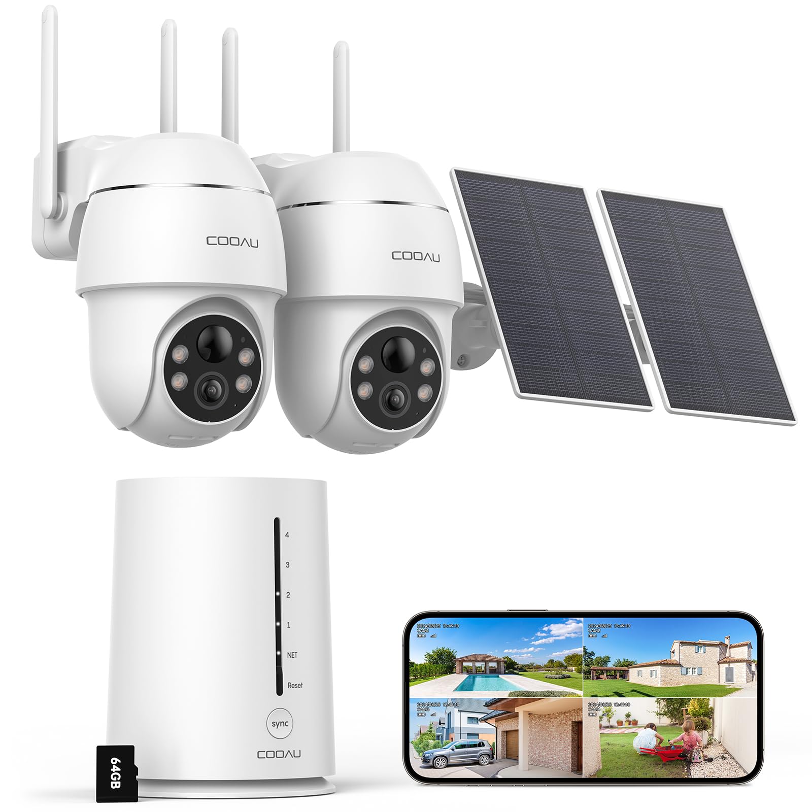 COOAU Solar Security Cameras Wireless Outdoor, 2 Cam-Kit, 4MP Cameras for Home Security System, 360 Pan & Tilt, Color Night Visi