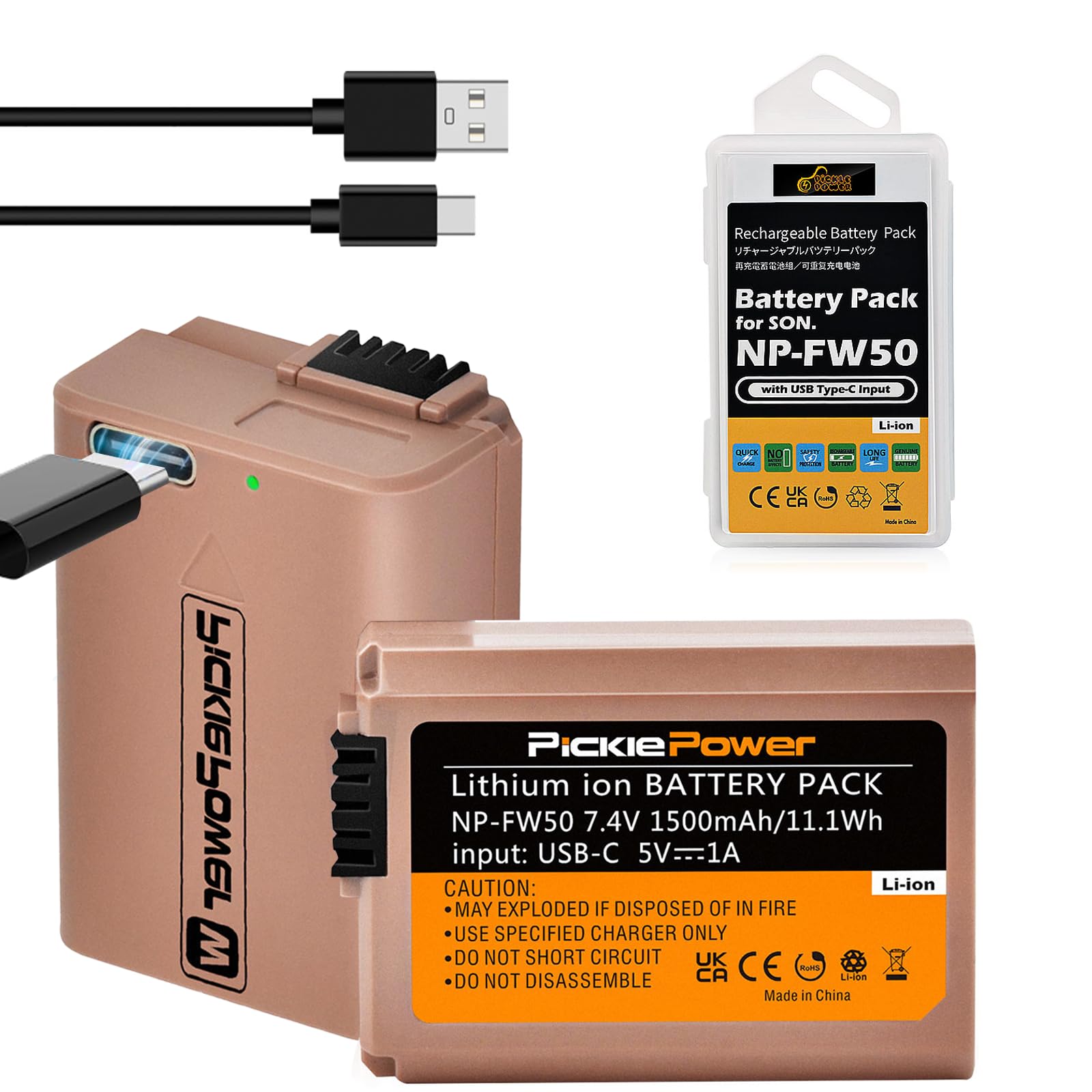 Pickle Power 2 Pack Np Fw50 Battery With Type C Fast Charging For Sony A7S Ii, A7R Ii, Zv E10, A7, A7S, A7R, A6500, A6400, A6300