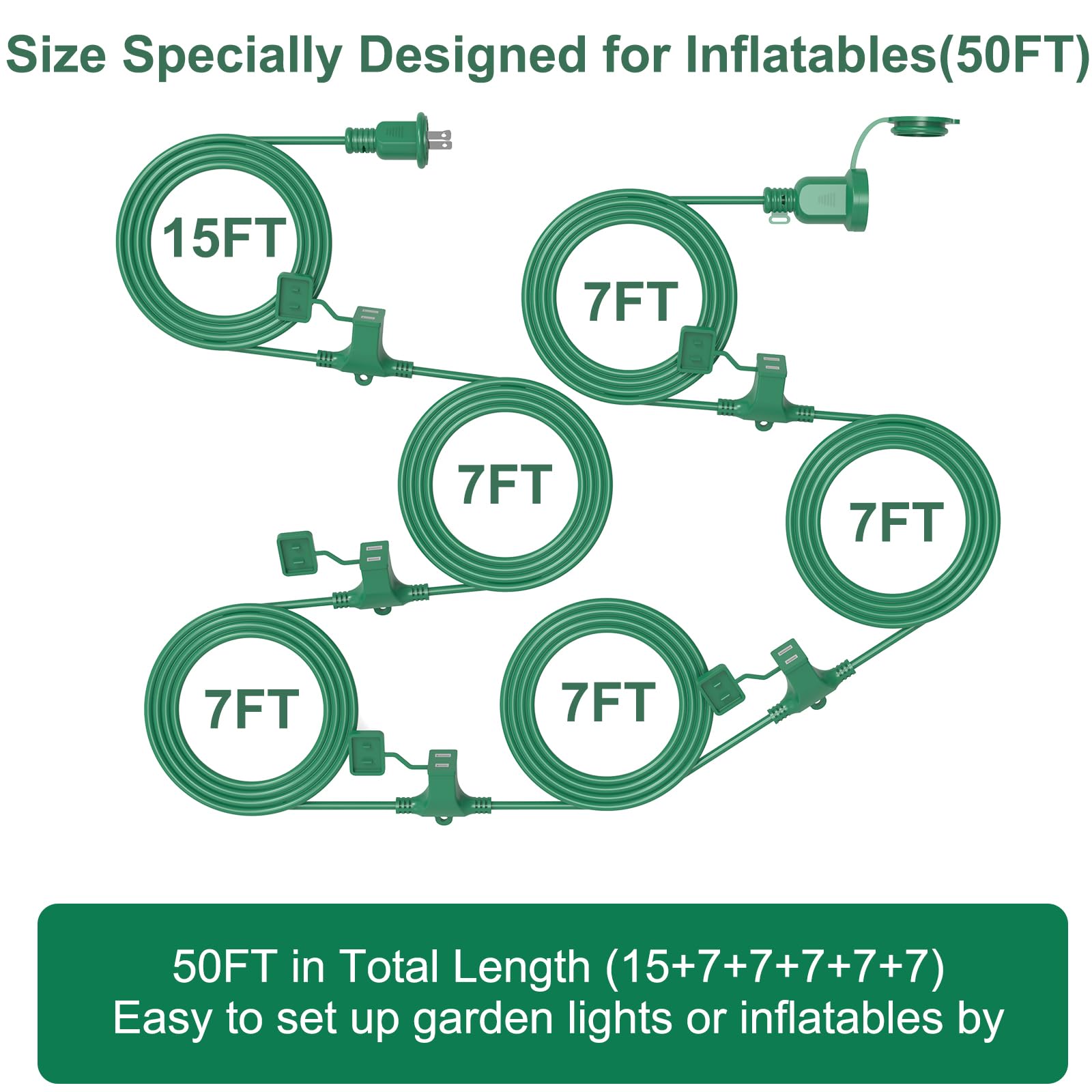 50Ft Long Green Extension Cord 3 Outlets For Christmas Inflatables Blow Ups Yard Outdoor Outside Decorations Extension Cords Wit