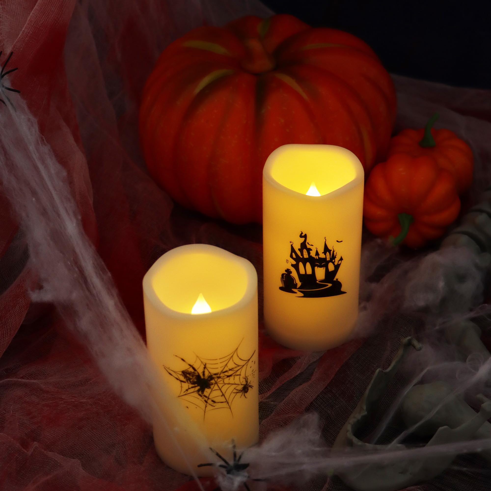 2 Pack Halloween Flameless Pillar Candles With Remote And Timer Battery Operated Led Flickering Candle Light Set With Spider Web