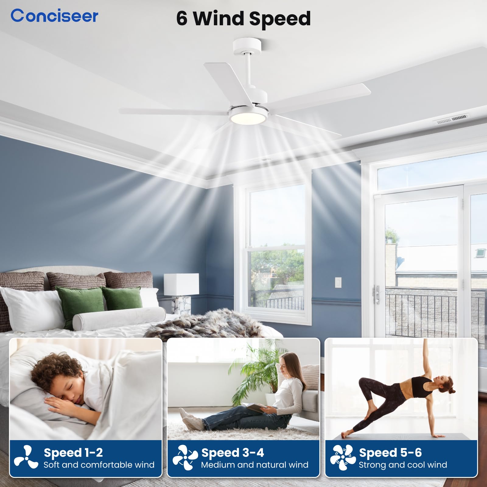 Conciseer Morden Ceiling Fans With Lights,52 Inch Ceiling Fans With Remote For Bedroom Living Room Kitchen, 5 Blades 6 Speed Rev
