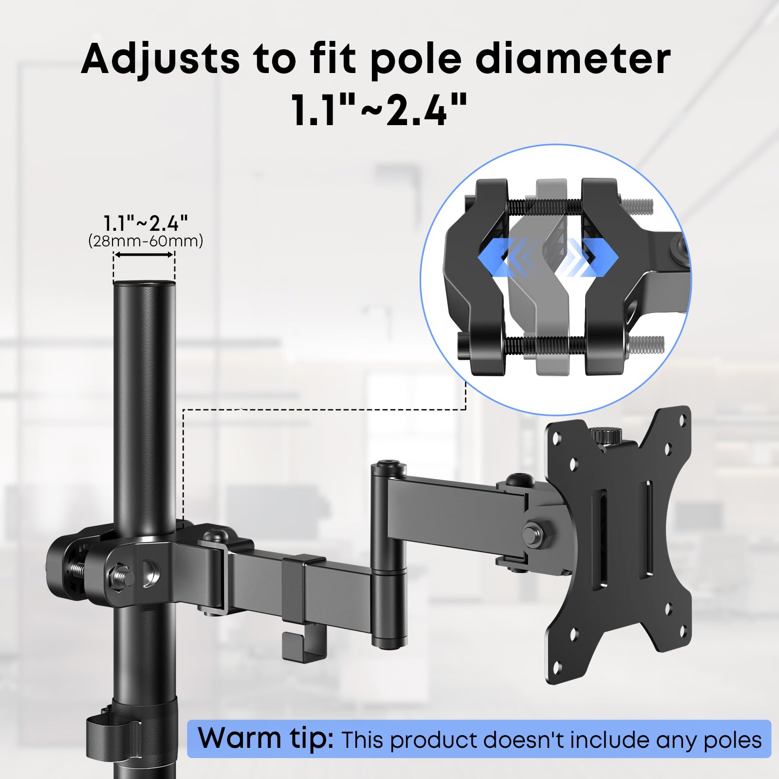 Worldlift Pole Mount Monitor Arm Easy Clamp On Vesa Mount For 17'' 32'' Screens Supports Up To 17.6 Lbs Compatible With 75X75 An