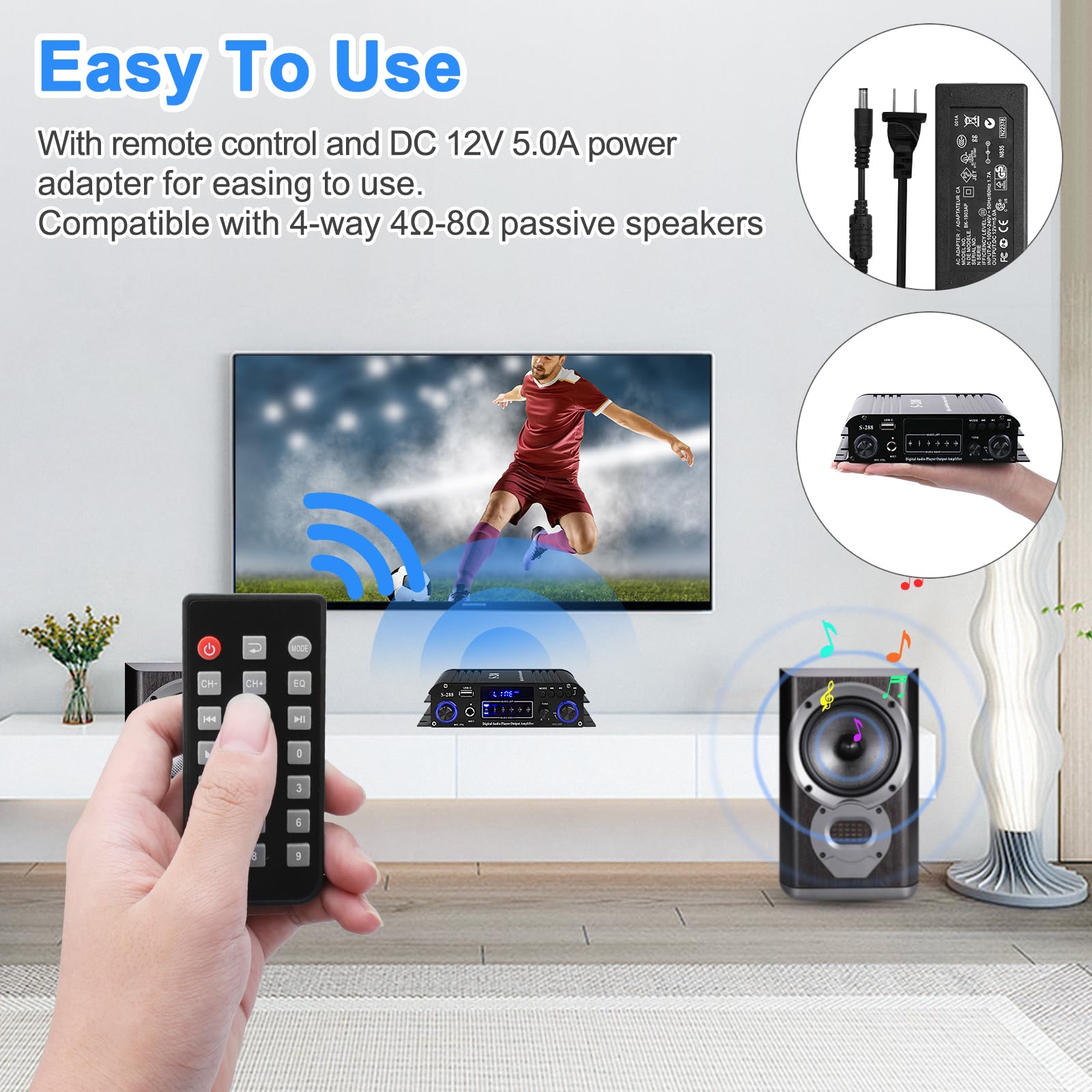 Stereo Audio Amplifier For Home Speakers, S 288 4.0Ch Bluetooth5.0 Hifi Mini Audio Component Amplifiers Receiver Rms 40Wx4 Max.