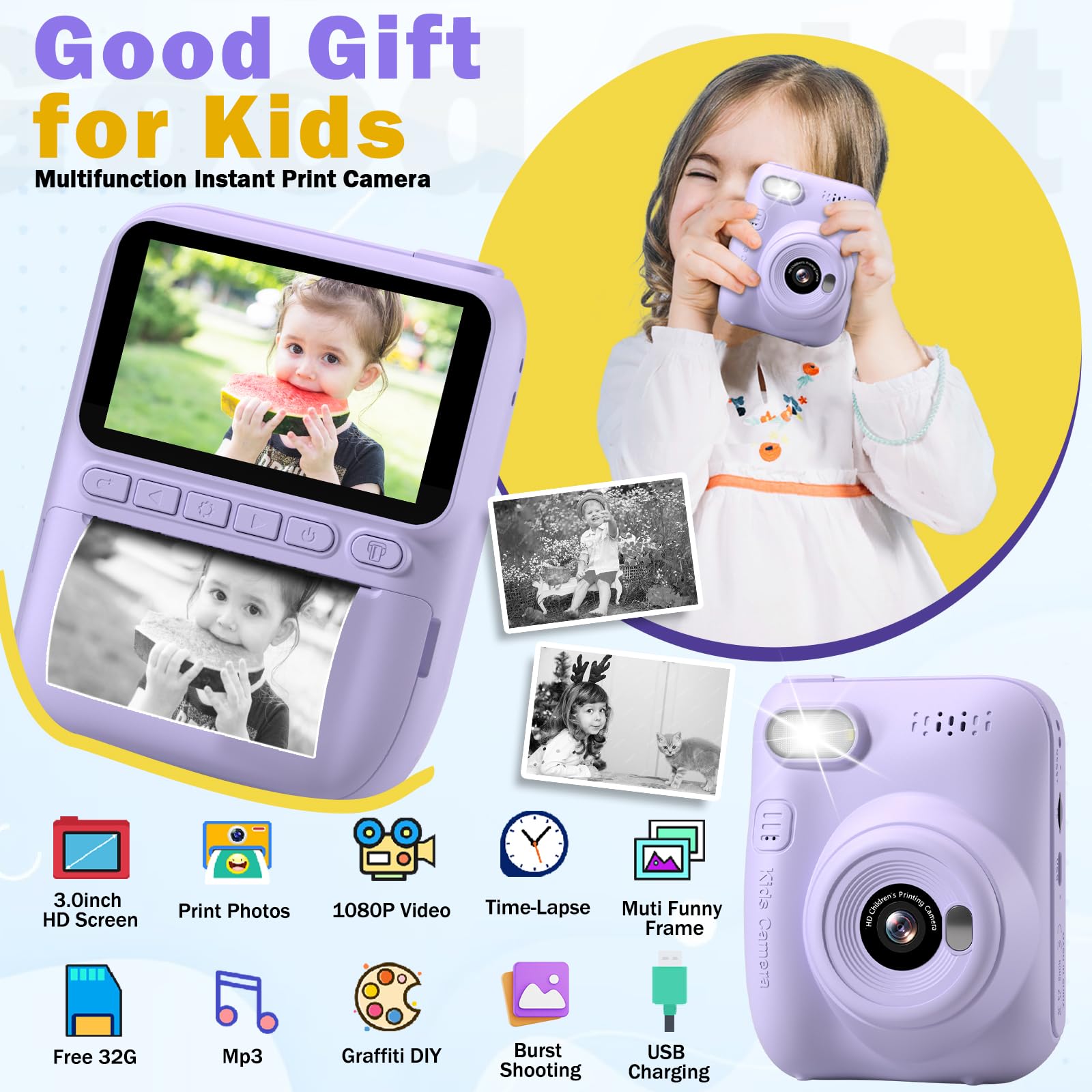 Kid Camera Instant Print, Birthday Gifts For Girls And Boys, Kids Digital Camera Toys, 1080P Hd Video, 3 4 5 6 7 8 9 10 11 12 Ye