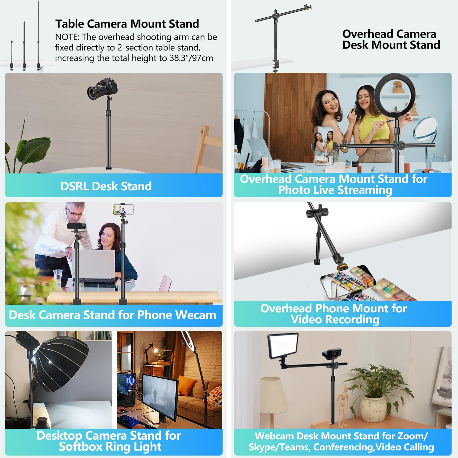 Camera Desk Mount Webcam Stand With Overhead Articulating Magic Boom Arm 1/4 Ball Head For Dslr Tripod, Adjustable Light Stand,