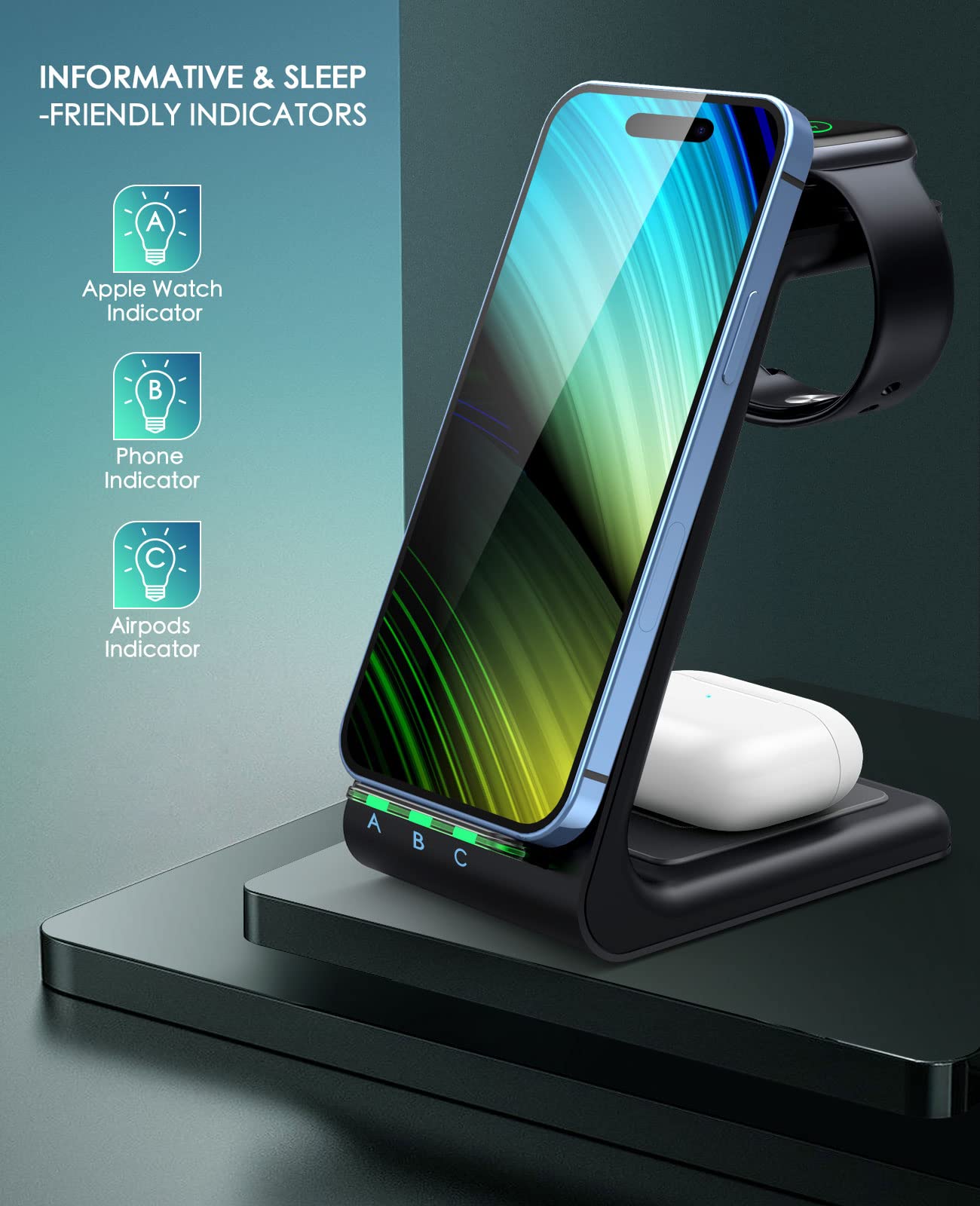 Wireless Charging Station, 3 In 1 Fast Desk Charging Station, Wireless Charger Stand For Iphone 15/14/13/12/11 Pro Max/X/Xs Max/