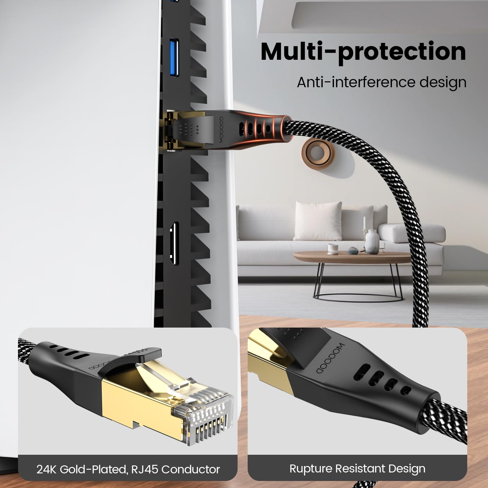 Mogood Cat 8 Ethernet Cable, 5M 40Gbps/2000Mhz Flat High Speed Network Cable, Stp Rj45 Gigabit Gold Plated Patch Cable Cat 8 Lan Internet Cable For Ps4/5, Xbox, Modem
