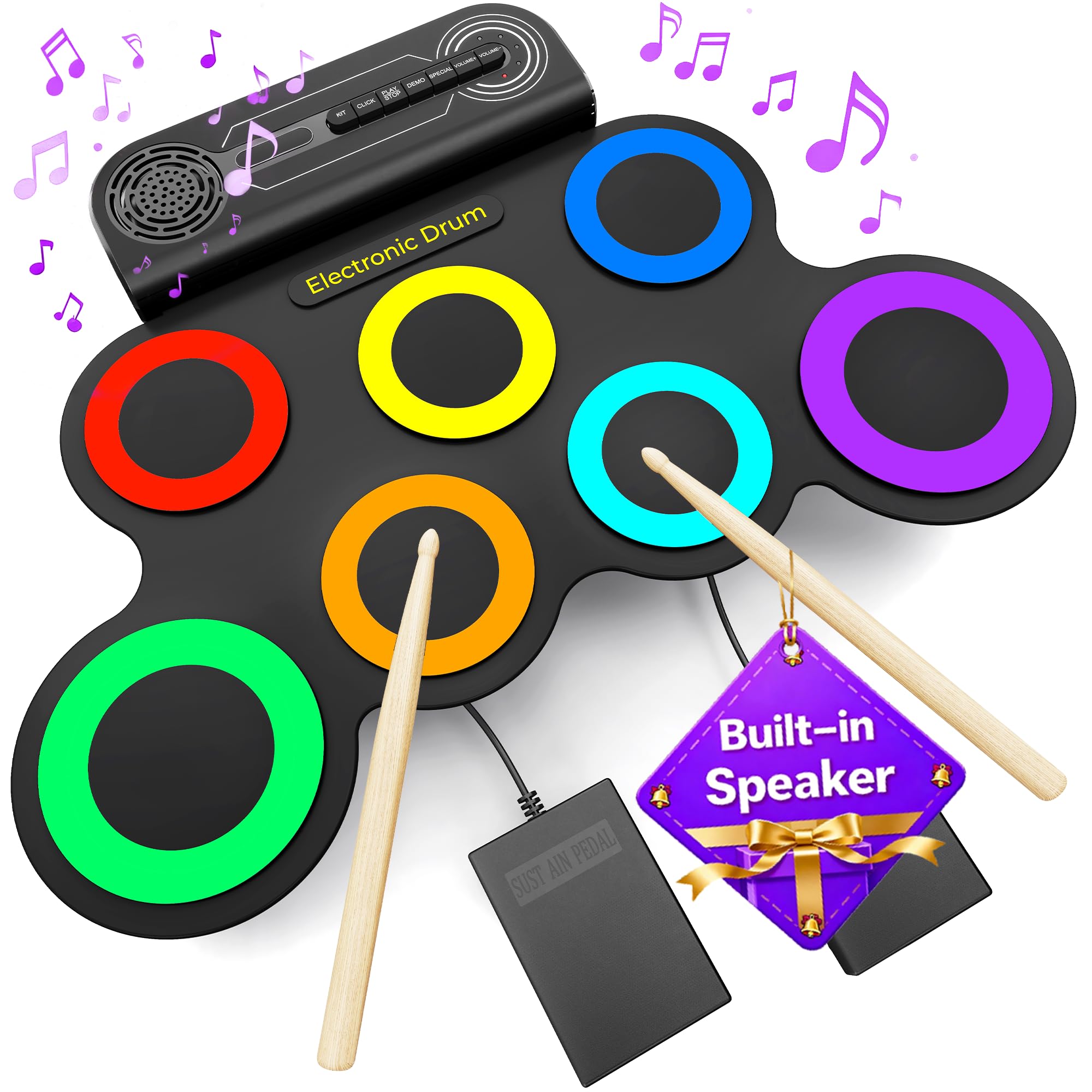 VerkTop Electric Drum Set Built-in Speaker, Kids Drum Pad and Sticks, Portable Roll Up Drums Practice Pad for Kids, Great Birthd
