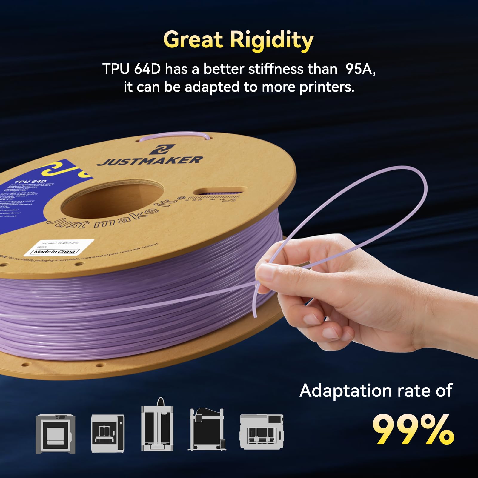 Justmaker Tpu 64D 3D Printer Filament, Flexible Materials With Superior Performance, Upgrade Cardboard Spool, 1Kg, Dimensional A