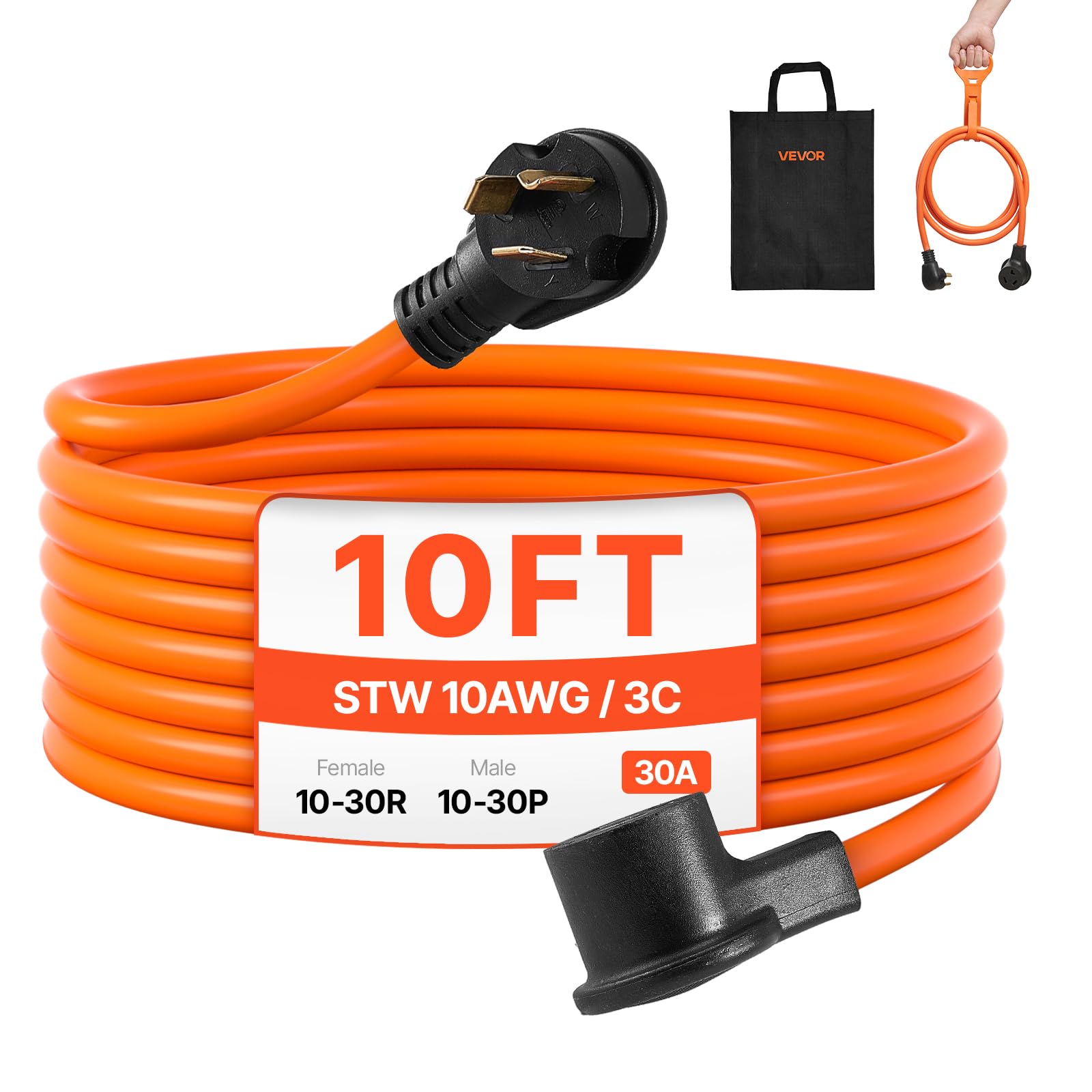 VEVOR 10 ft Dryer Extension Cord, 3-Prong NEMA 10-30P to 10-30R Dryer Cord, 125V/250V STW 10AWG/3C, 30A, Pure Copper Wire Cable 