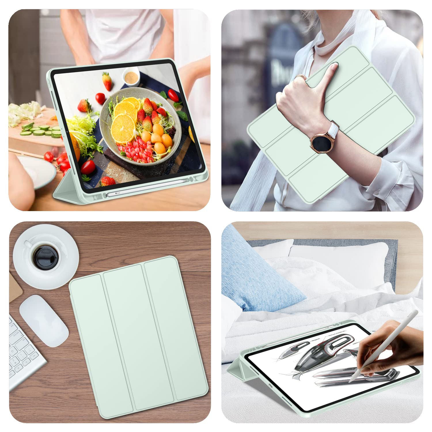 Imieet New Ipad Pro 12.9 Case 2022(6Th Gen)/2021(5Th Gen) With Pencil Holder [Support Ipad 2Nd Pencil Charging/Pair],Trifold Stand Smart Case With Soft Tpu Back,Auto Wake/Sleep(Pale Green)