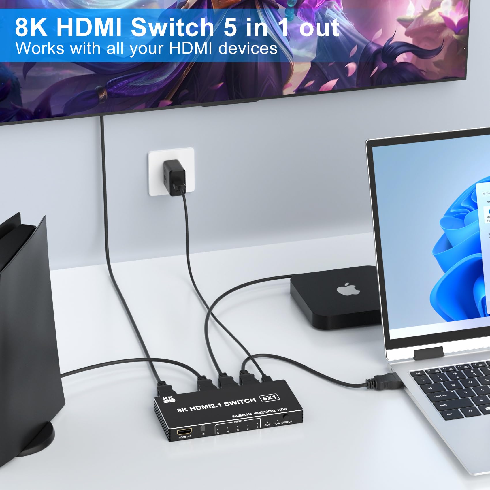 8K Hdmi Switch 5 In 1 Out, 5 Port Hdmi Splitter With Ir Remote Hdmi Switcher Selector Box Support 8K@60Hz 4K@120Hz, Hdmi 2.1 Swi