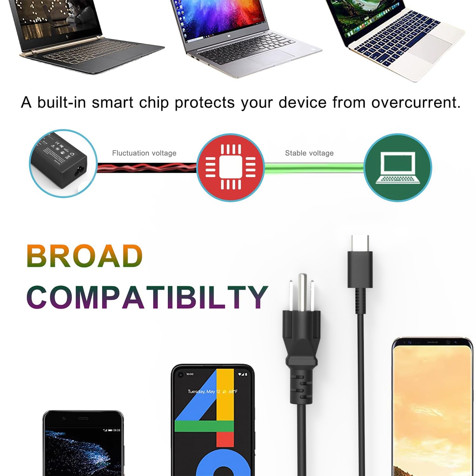 VVOX347 Universal 65W USB C Laptop Charger - Compatible with Lenovo, Dell, HP, Acer, Asus, Samsung, MacBook, Chromebook, Smartphones/Tablets