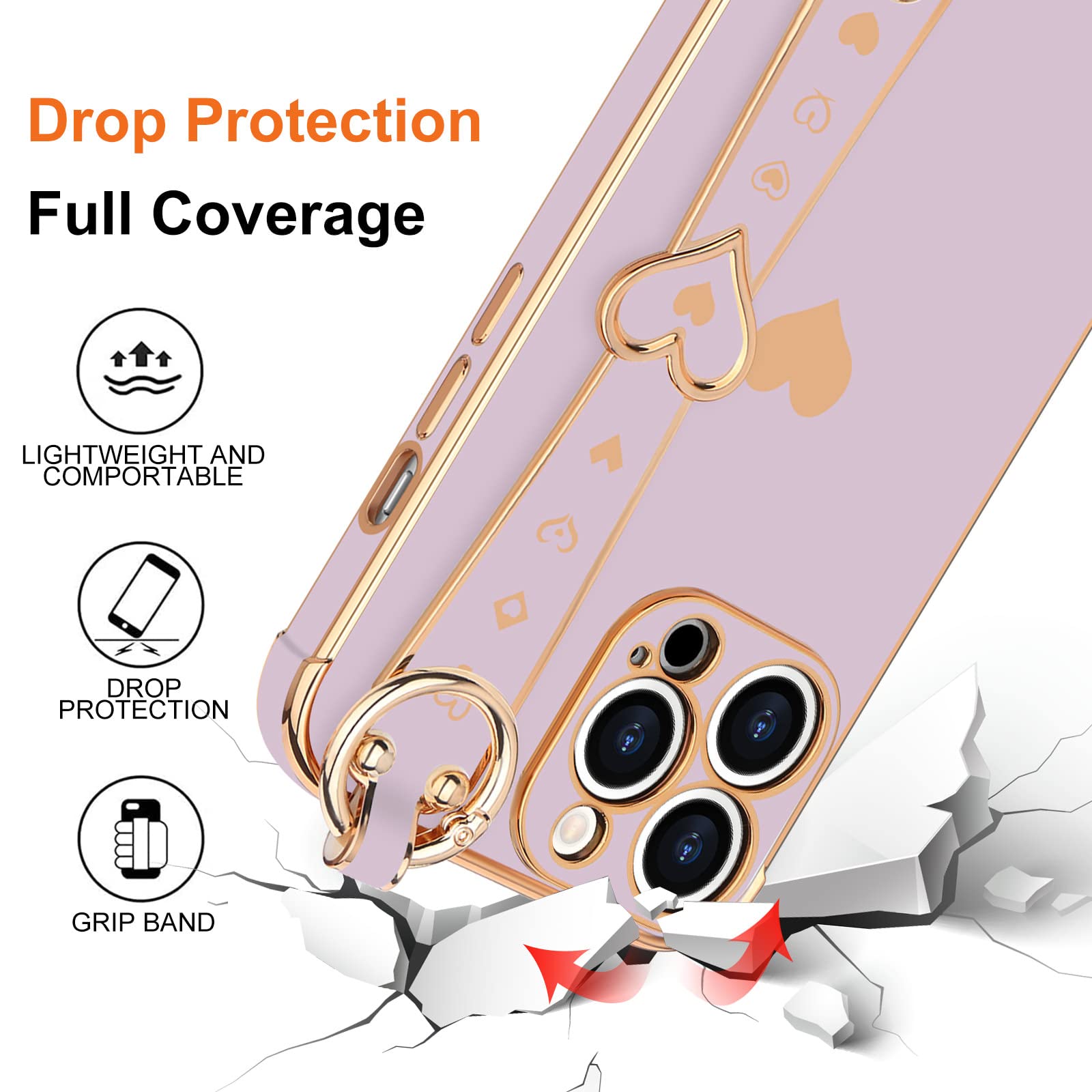 Llz.Coque For Iphone 13 Pro Case Cute Love Heart Plating Wristband Phone Cover For Women Girls Bling Soft Silicone Camera Lens P