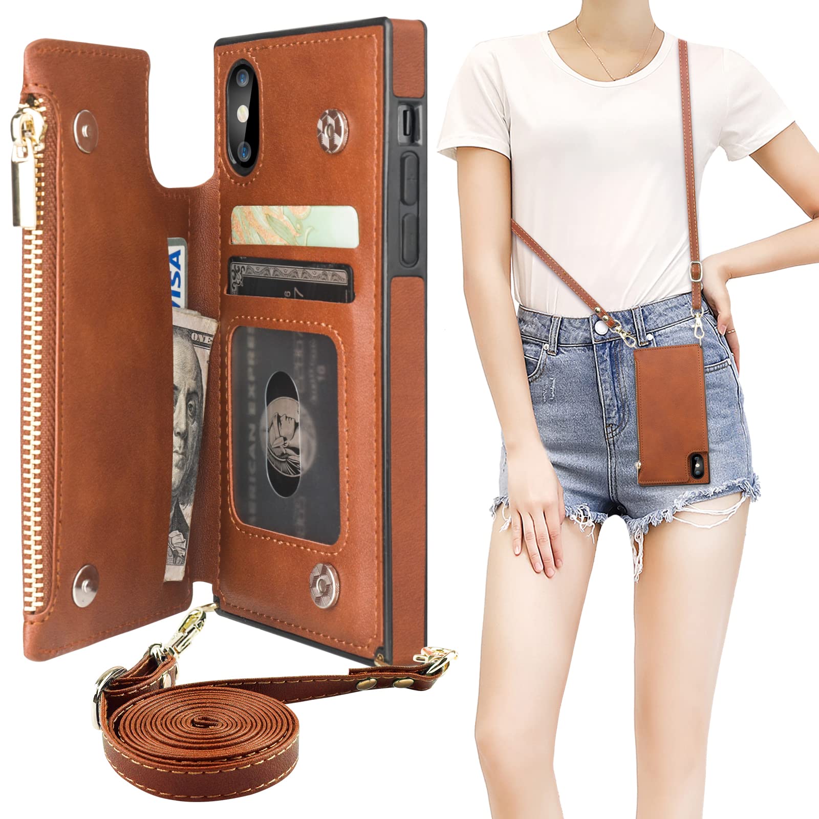 Bocasal Crossbody Wallet Case For Iphone X Xs With Card Holder,Zipper Card Slot Protector Shockproof Purse Cover With Removable