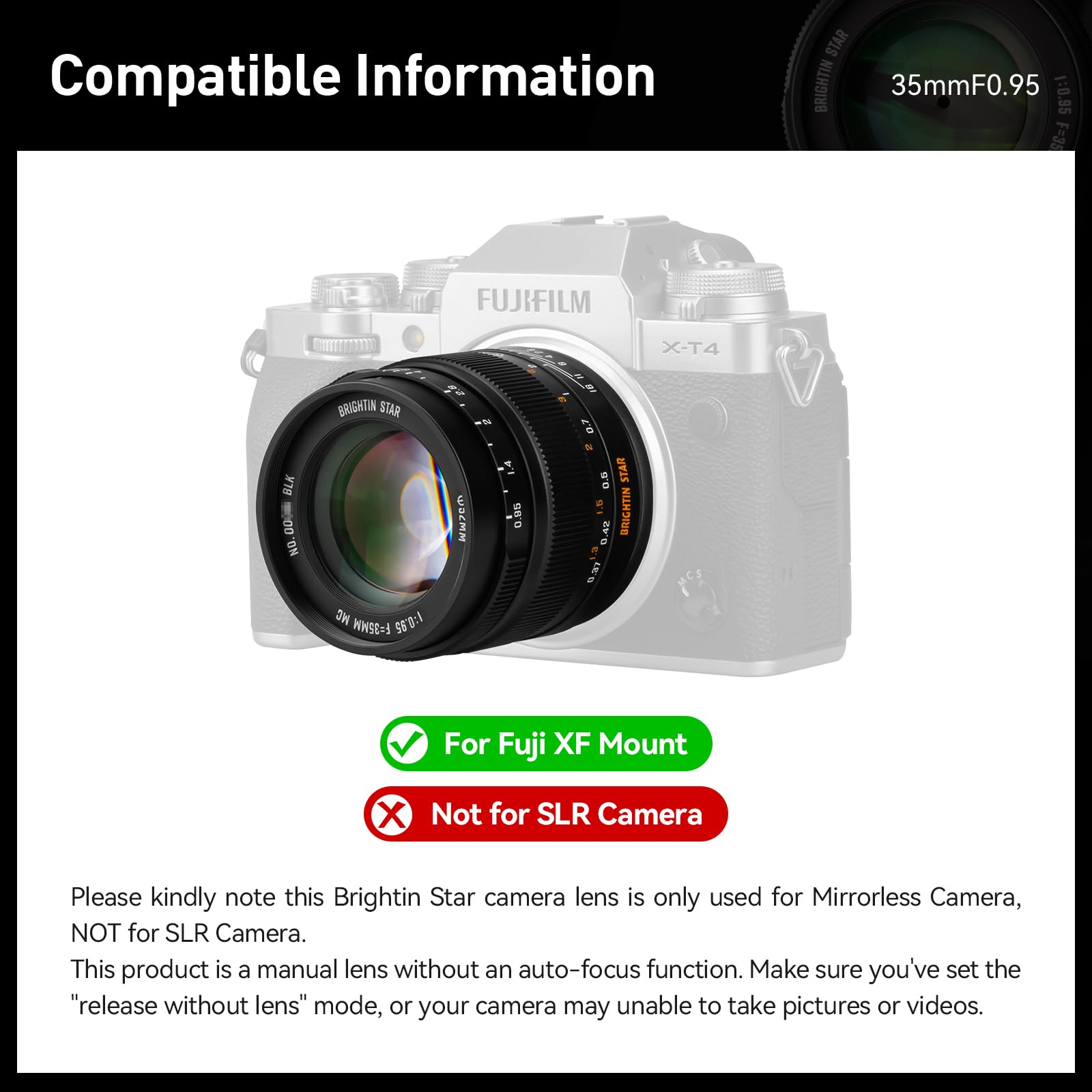 Brightin Star 35Mm F0.95 Aps C Manual Focus Prime Lens For Fujifilm Xf Mount Mirrorless Cameras, Large Aperture Fixed Lens, Fit