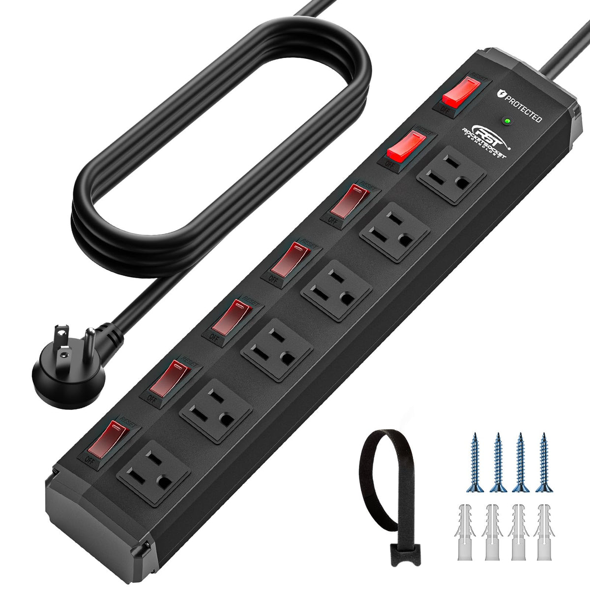 Crst 6 Outlet Metal Power Strip With Individual Switches, Mountable Heavy Duty Power Strip For Garage Workshop, 1200 J Surge Pro