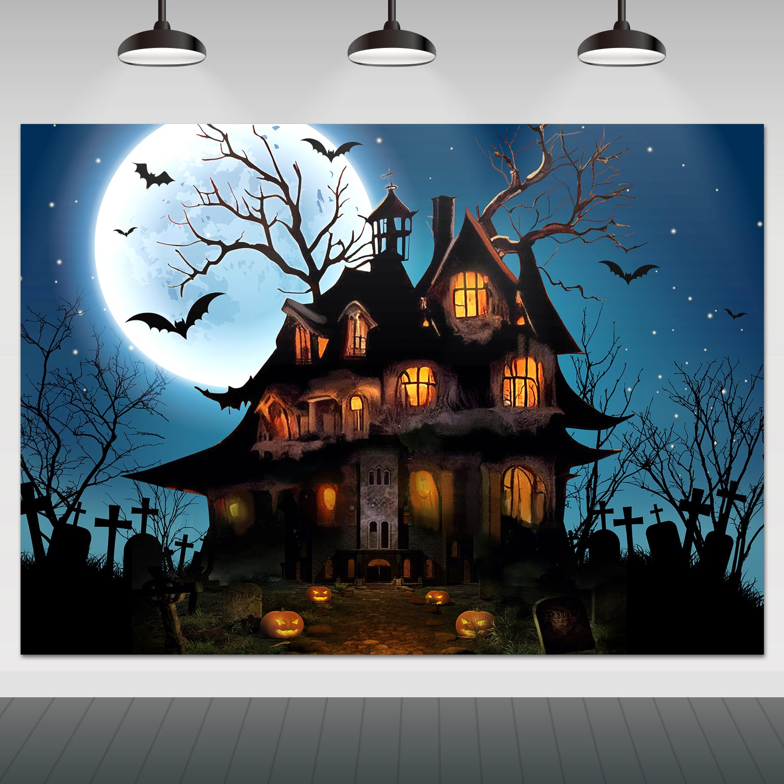 Mocsicka Halloween Backdrop for Photography Blue Night Moon Haunted House Background Spooky Cemetery Hollween Costume Party Deco