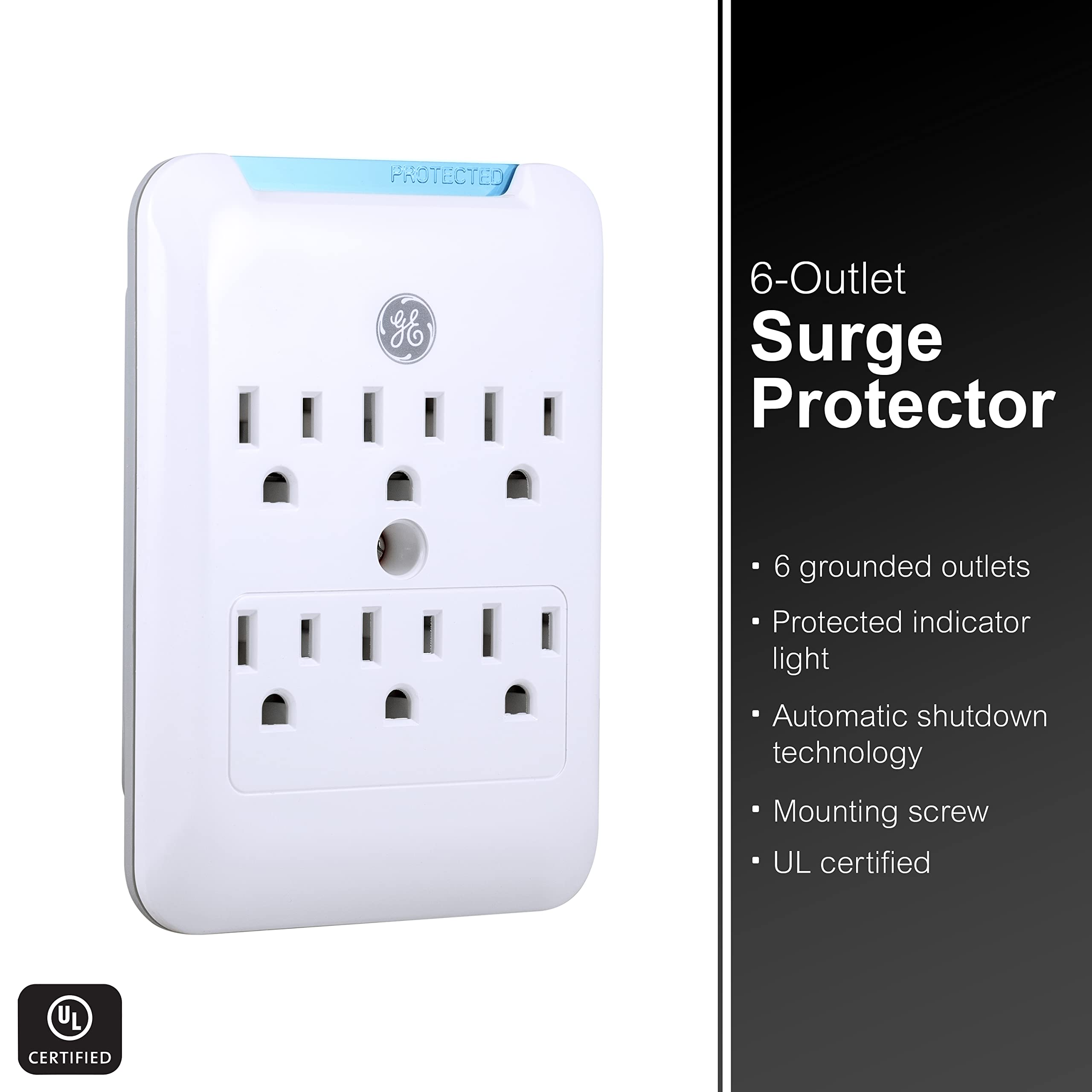 Ge Pro 6 Outlet Extender, Surge Protector, Charging Station Wall Tap, Protected Indicator Led, 3 Prong, 540 Joules, Warranty, Ul
