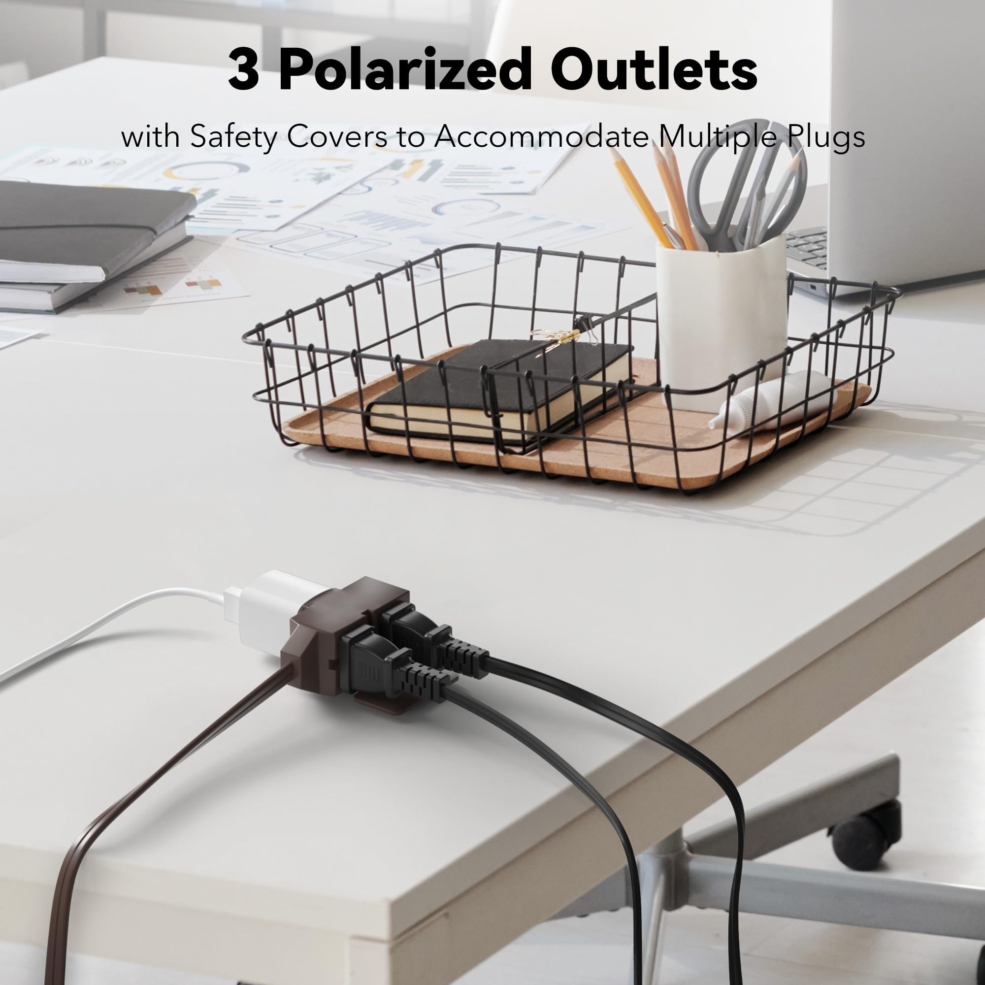 Bn Link 6Ft Indoor Extension Cord, 2 Pack, 3 Outlet Polarized Flat Cable, Household Power Cord For Home, Office, And Holiday Dec