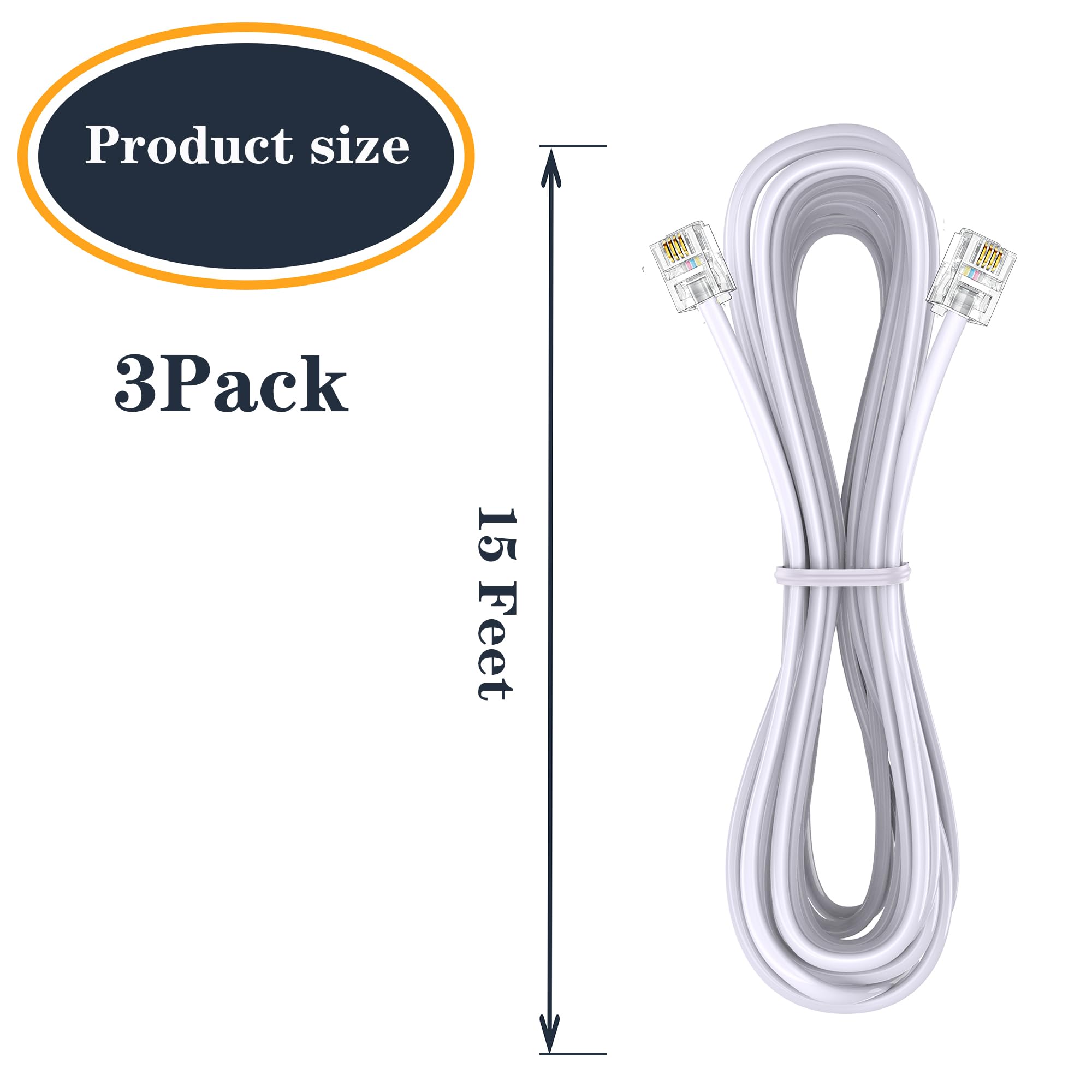 Ubramac 3Pack Phone Telephone Extension Cord 15Ft Cable Line With Standard Rj11 6P4C Plugs For Landline Phone And Fax (15F, Whit