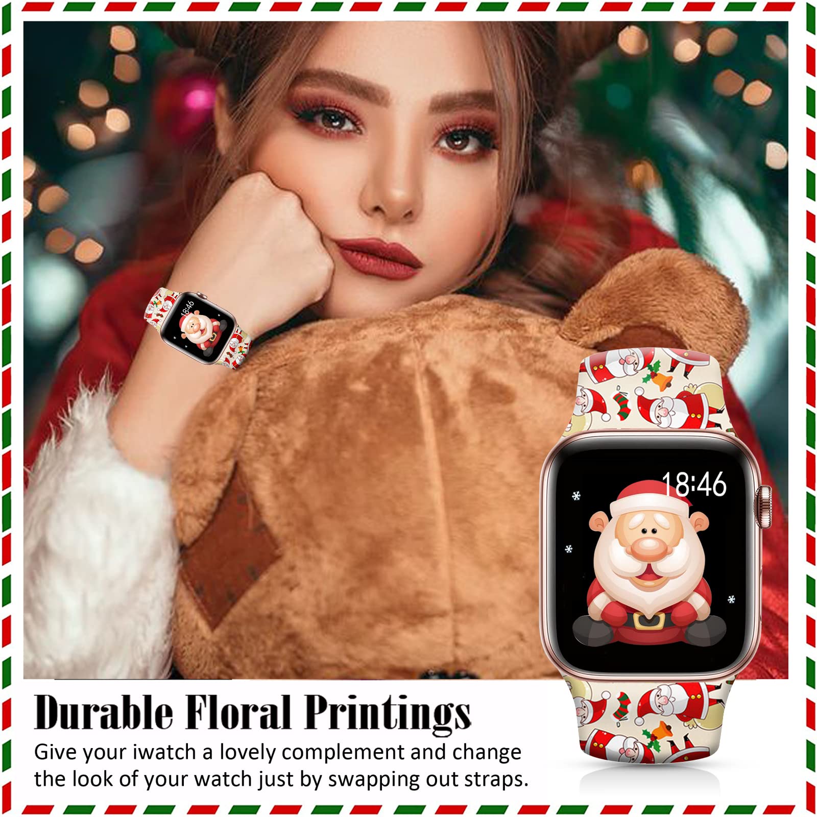 Ftfcase Christmas Santa Claus Watch Bands Compatible With Apple Watch 49Mm 45Mm 44Mm 42Mm, Flower Printed Soft Silicone Sport St