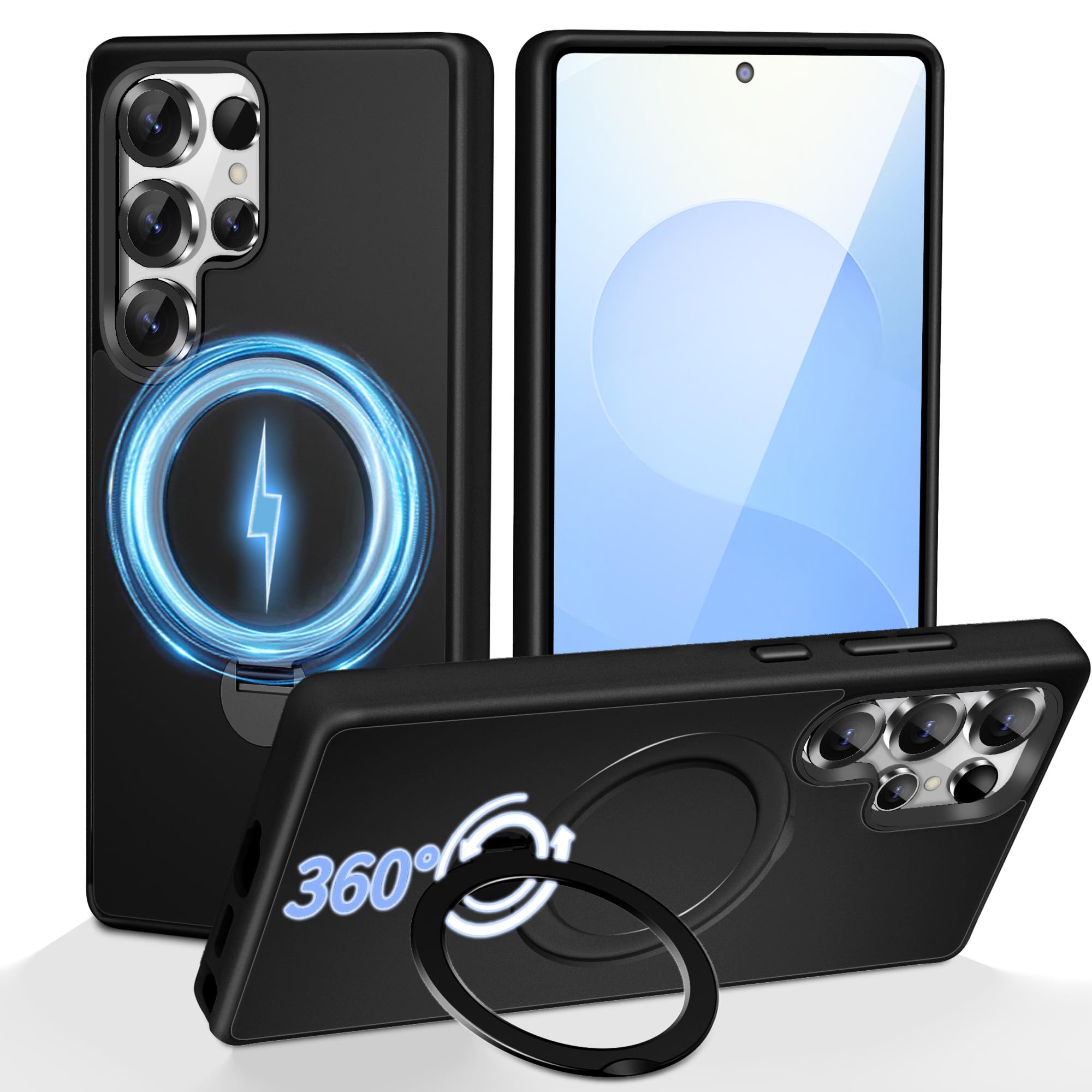 3-in-1 [360 Spin Stand+Magnetic+Ring Holder] Case for Samsung Galaxy S25 Ultra Fit for MagSafe, Military Grade Protective, Trans