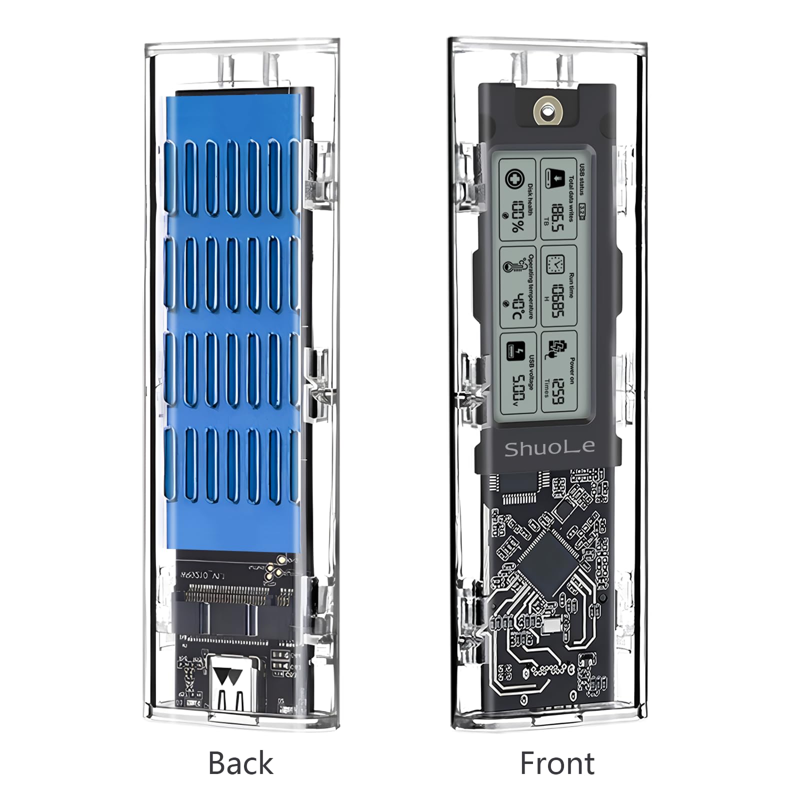 Shuole M.2 Nvme Ssd Enclosure With Lcd Screen, Usb 3.2 Gen 2 (10 Gbps), Transparent External Solid State Drive Adapter For 2280 Pci E M And B&M Keys, Usb Type C Converter Case