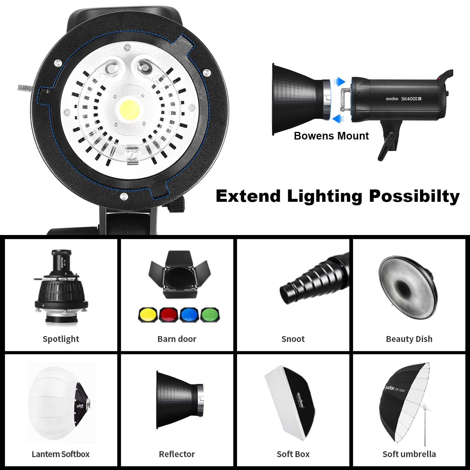 Godox Sk400Ii V 400Ws Photo Studio Strobe Flash Monolight Light With Bowens Mount, 10W Led Modeling Lamp For Studio Shooting Wit