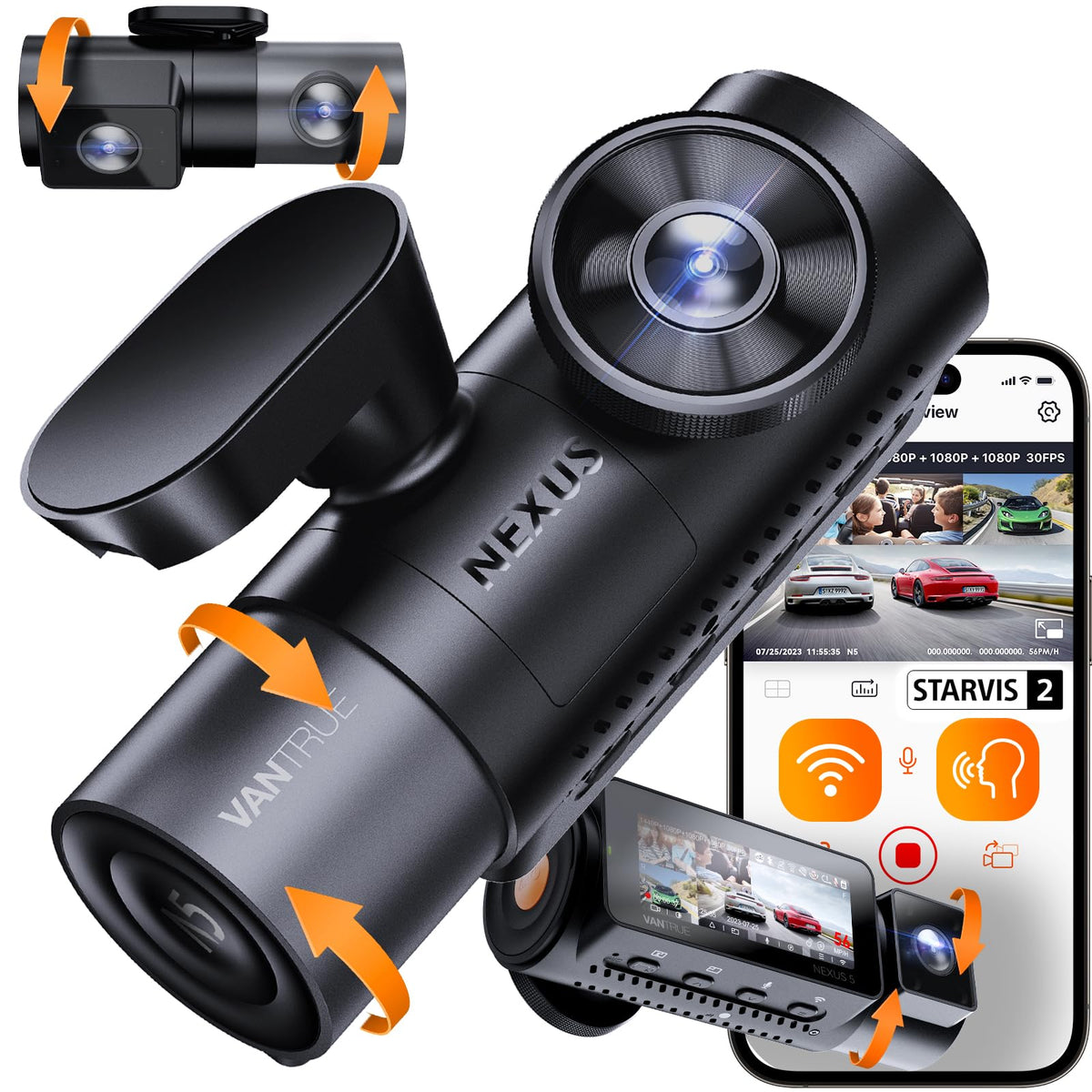 Vantrue N5 4 Channel Wifi 360 All Sides Dash Cam, Starvis 2 Ir Night Vision, 2.7K+1080P*3 Front Rear Inside Dashcam, Voice Contr