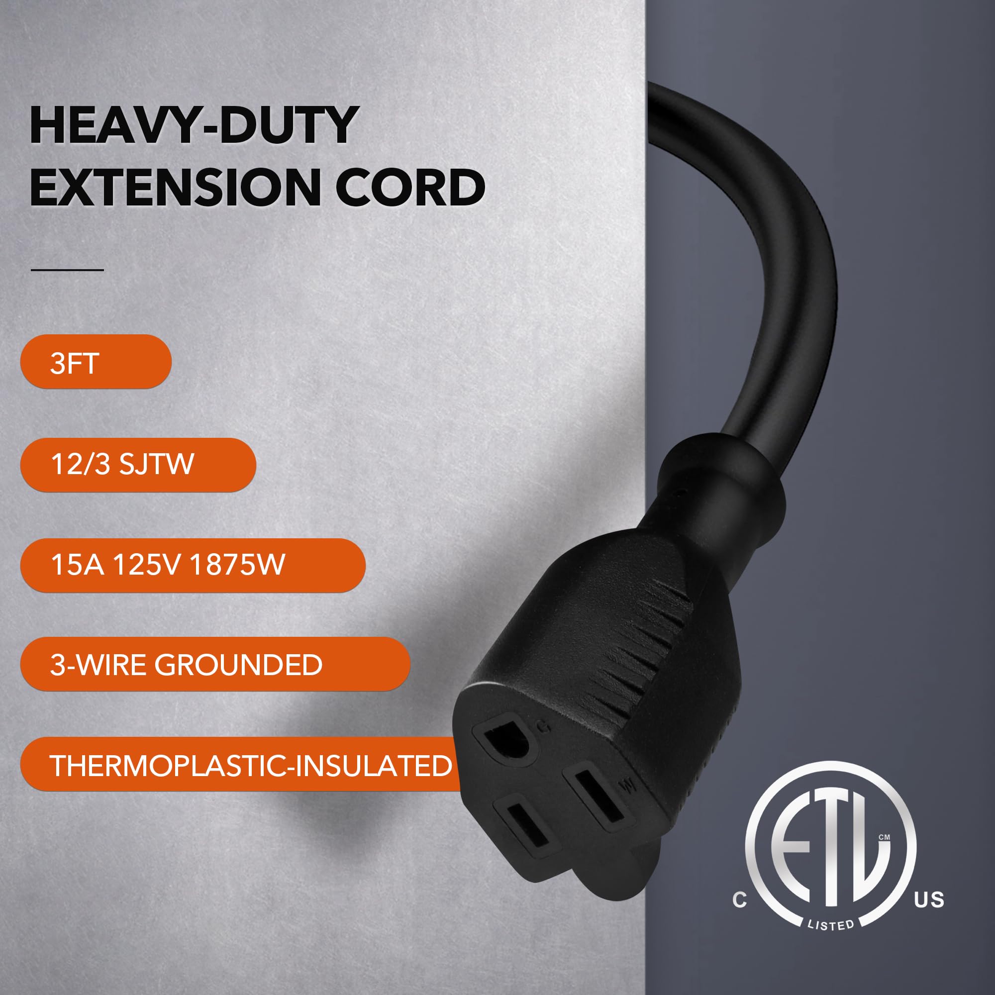 Bn Link 3Ft Outdoor Extension Cord, 15Amps,12/3 Sjtw Heavy Duty Power Cord, 3 Prong Grounded Plug, Weather Resistant, 1875W, Bla