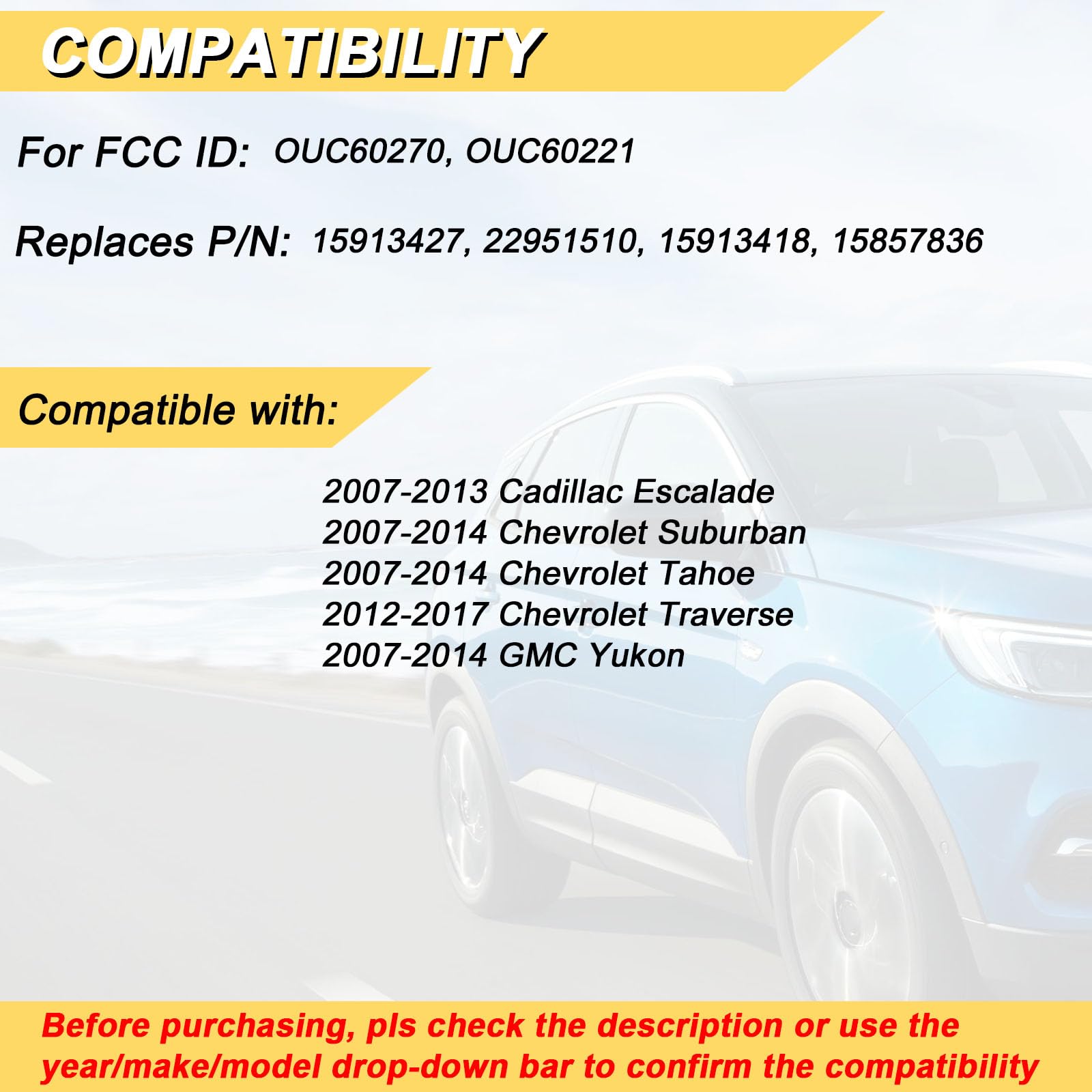 Vurkcy Key Fob Replacement For 2007-2014 Chevy Suburban Tahoe Gmc Yukon/ 12-17 Traverse/ 07-13 Escalade Car Keyless Entry Remote