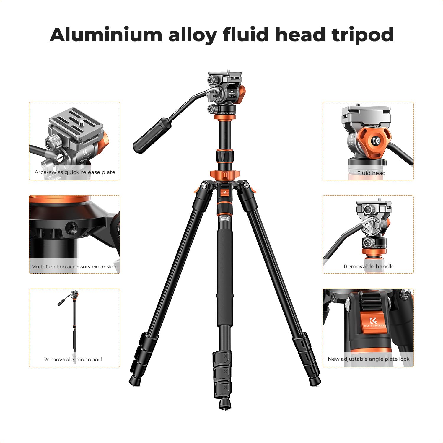 K&F Concept 83 Inch/211Cm Camera Video Tripod For Dslr Compact Aluminum Tripod With Fluid Head And 5Kg Load For Travel And Work K234A7+Fh 03