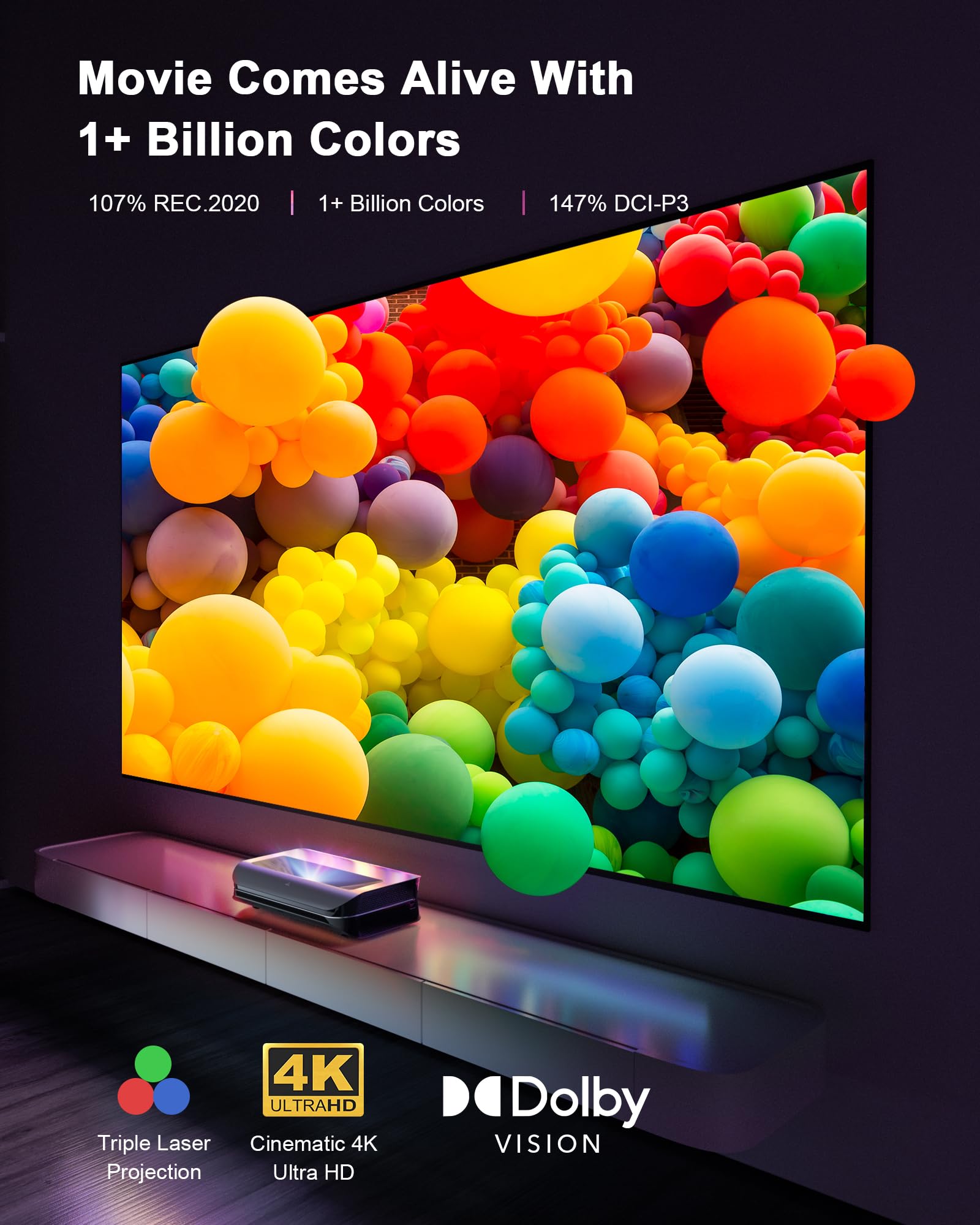 Awol Vision Ltv 2500 4K Uhd Ultra Short Throw Triple Laser Projector With Dolby Vision & Atmos, Active 3D, 150'', 2600 Peak Lume