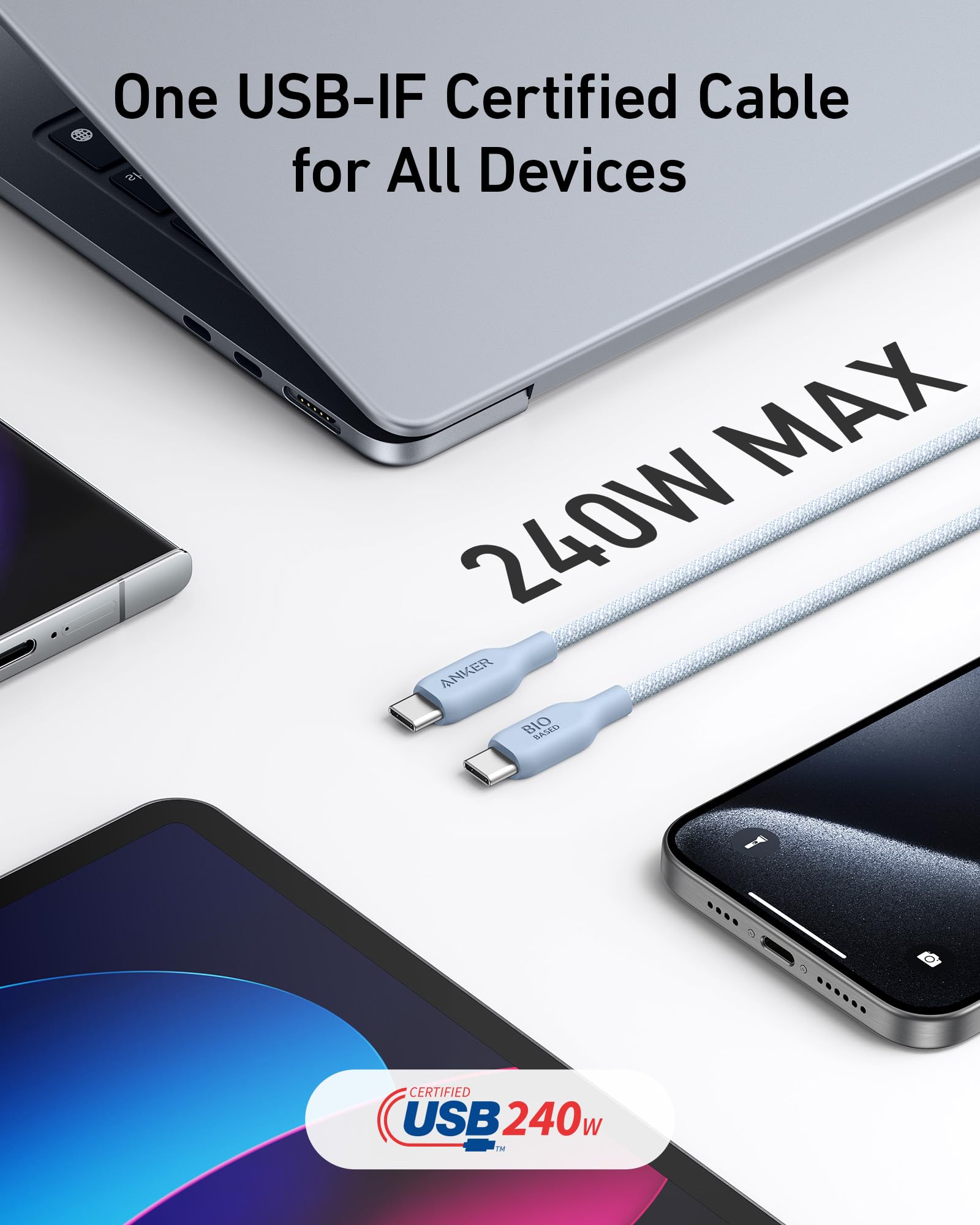 Anker Usb C To Usb C Cable (240W, 6 Ft), Bio Braided Usb C Charger Cable, Fast Charge For Macbook Pro 2020, Ipad Pro 2020, Ipad