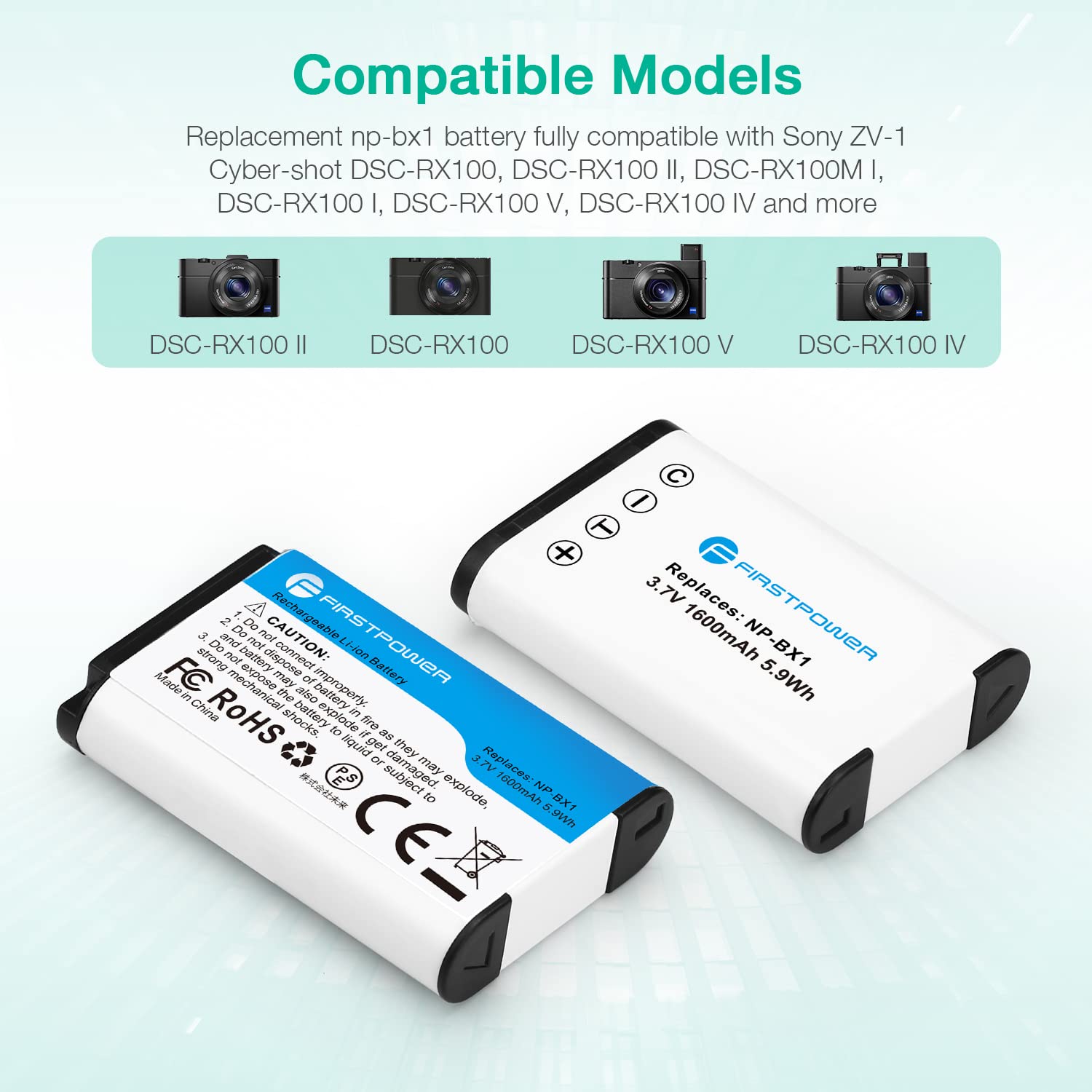 FirstPower NP-BX1 Battery 2-Pack Dual USB Charger Black for Sony ZV-1, Cyber-shot DSC-RX100 Series Cameras
