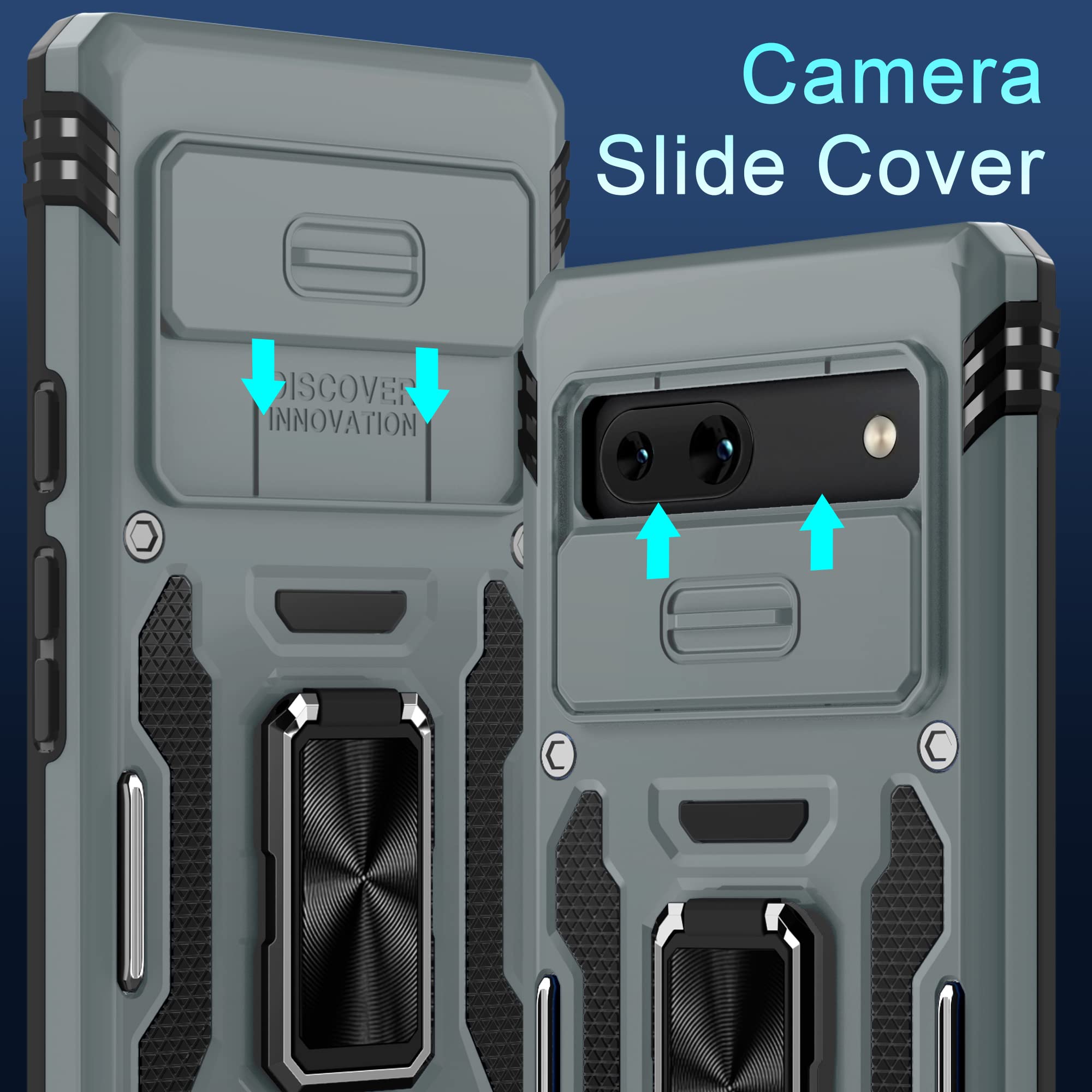 Deerlamn Case For Google Pixel 7A With Slide Camera Cover+Screen Protector (2 Packs), Rotated Ring Kickstand Military Grade Shoc