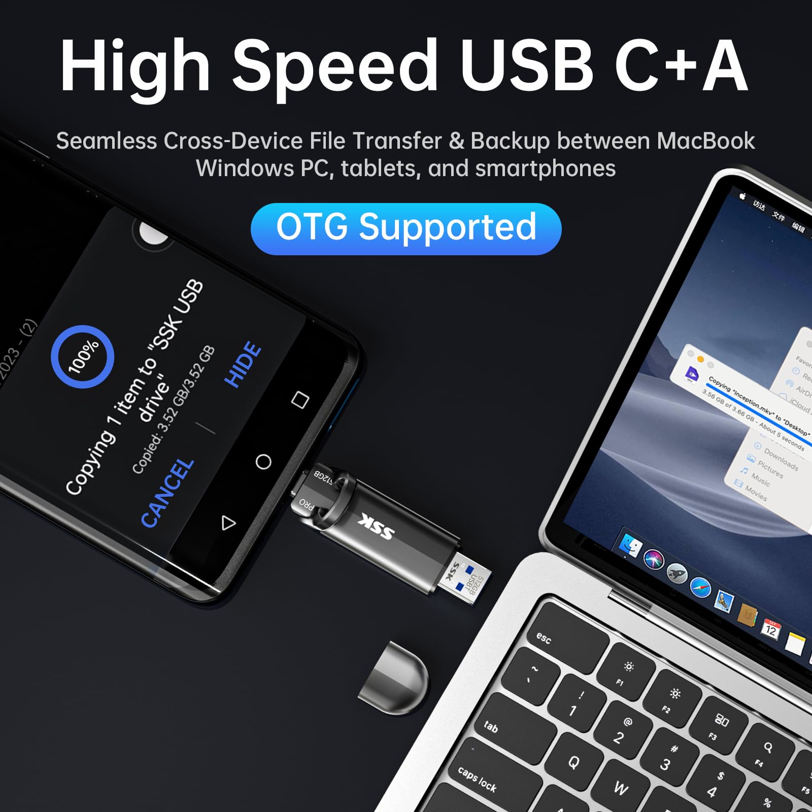 Ssk Usb Drive 512Gb External Ssd, No Speed Drop Portable Ssd 1000Mb/S, Usb 3.2 Gen 2 A+C Dual Port External Solid State Hard Drive For Iphone 15/16 Pro, Win, Mac, Android Phone